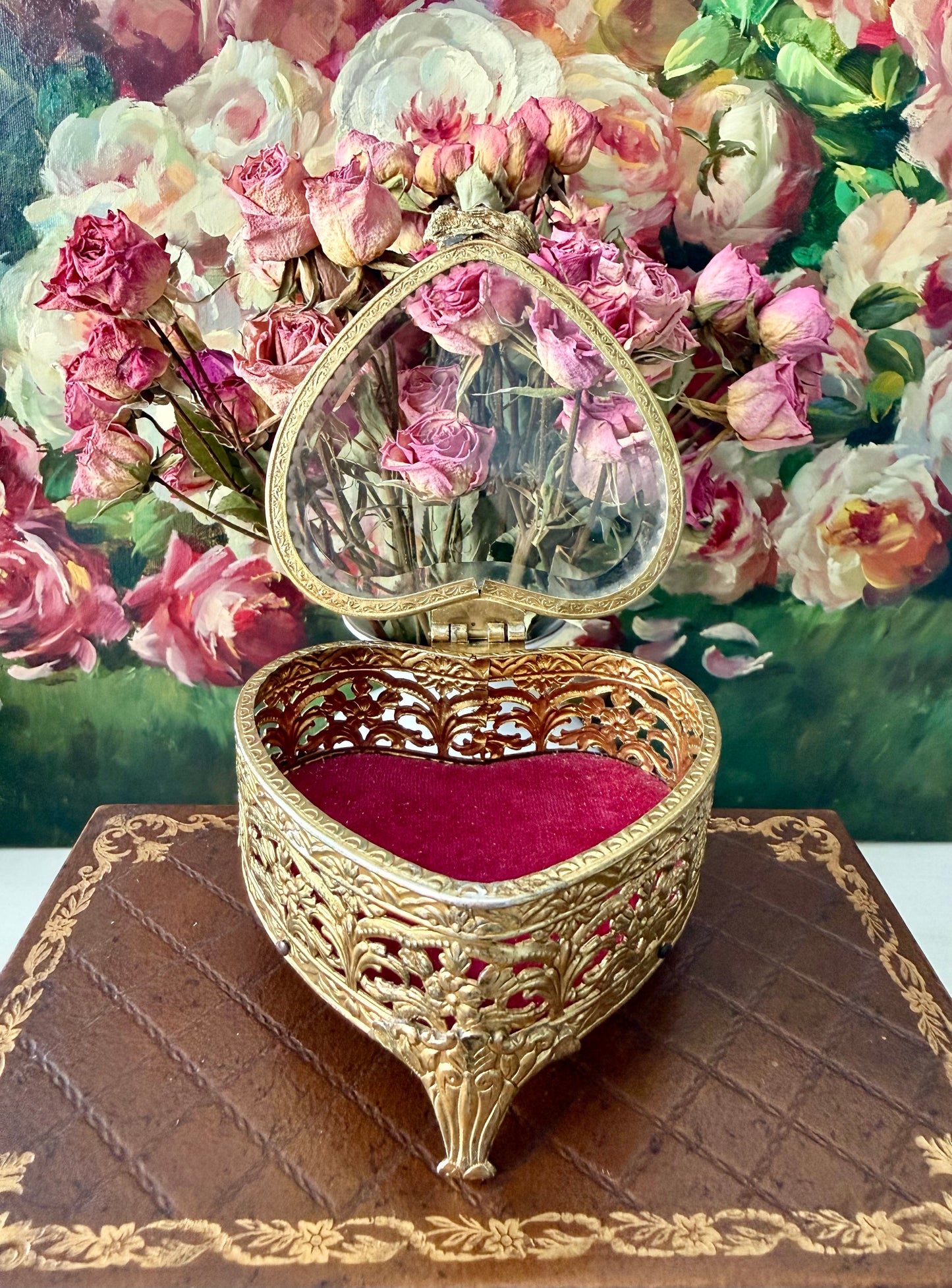 Antique French Style Gold-plated Ormolu Filigree Heart-shaped Trinket or Jewelry Box with a Plush Red Velvet Lining