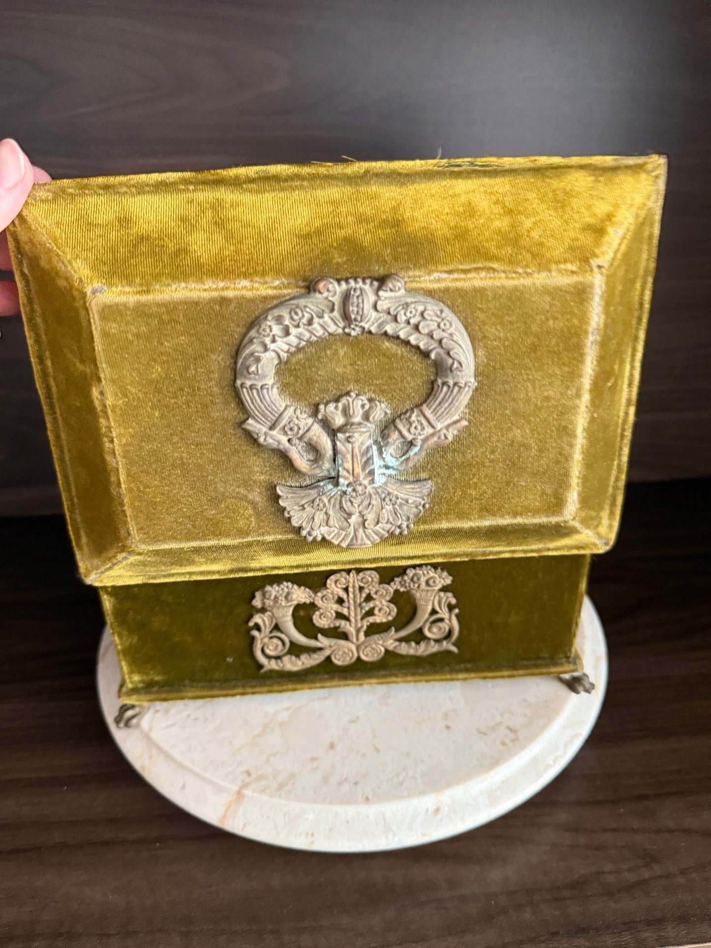 Antique Victorian Jewelry Box “Boudoir” or Sewing Box in Mustard/ Golden/ Green Velvet, Inside Blue Silk from the Early 20th Century