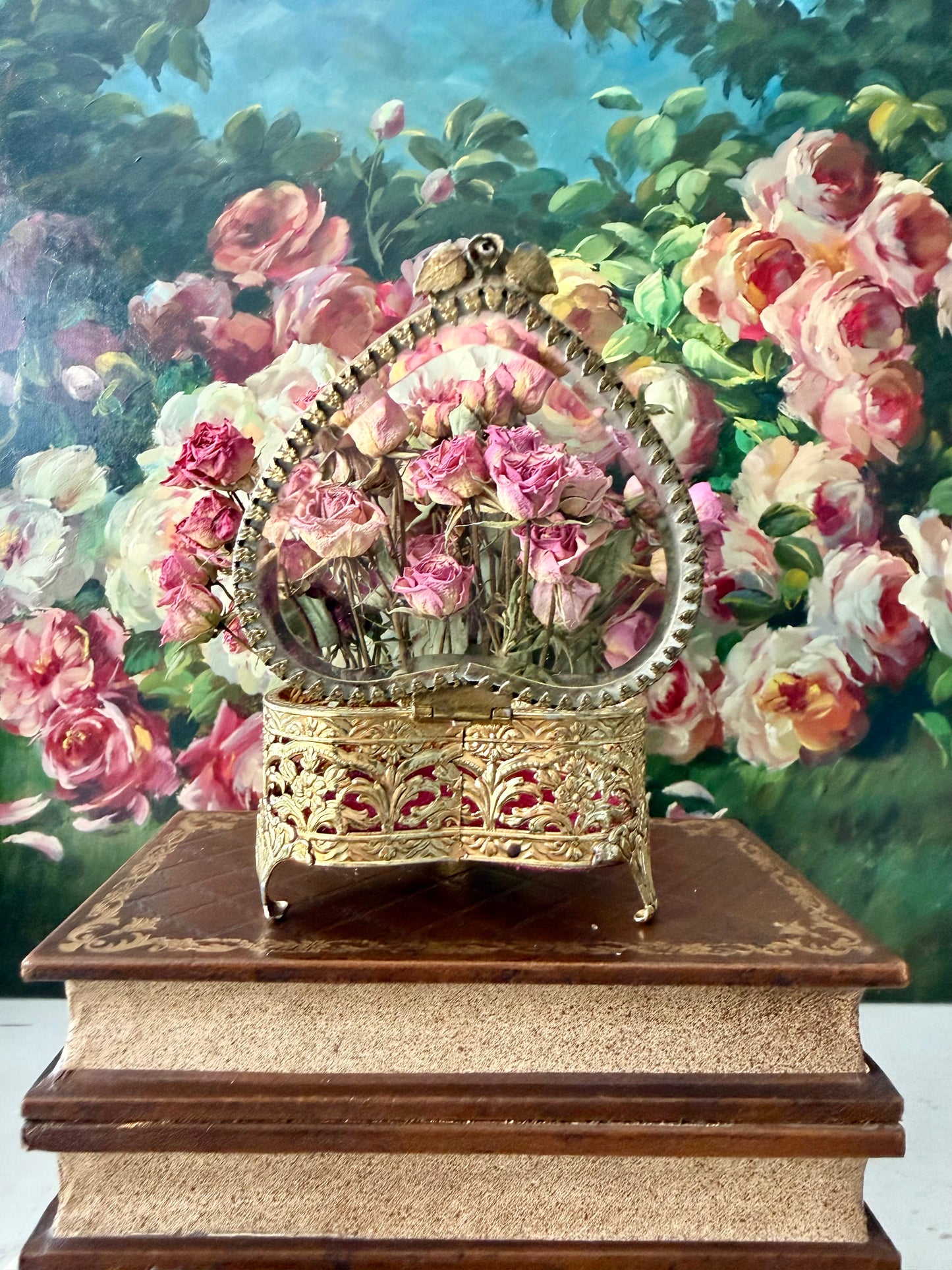 Antique French Style Gold-plated Ormolu Filigree Heart-shaped Trinket or Jewelry Box with a Plush Red Velvet Lining