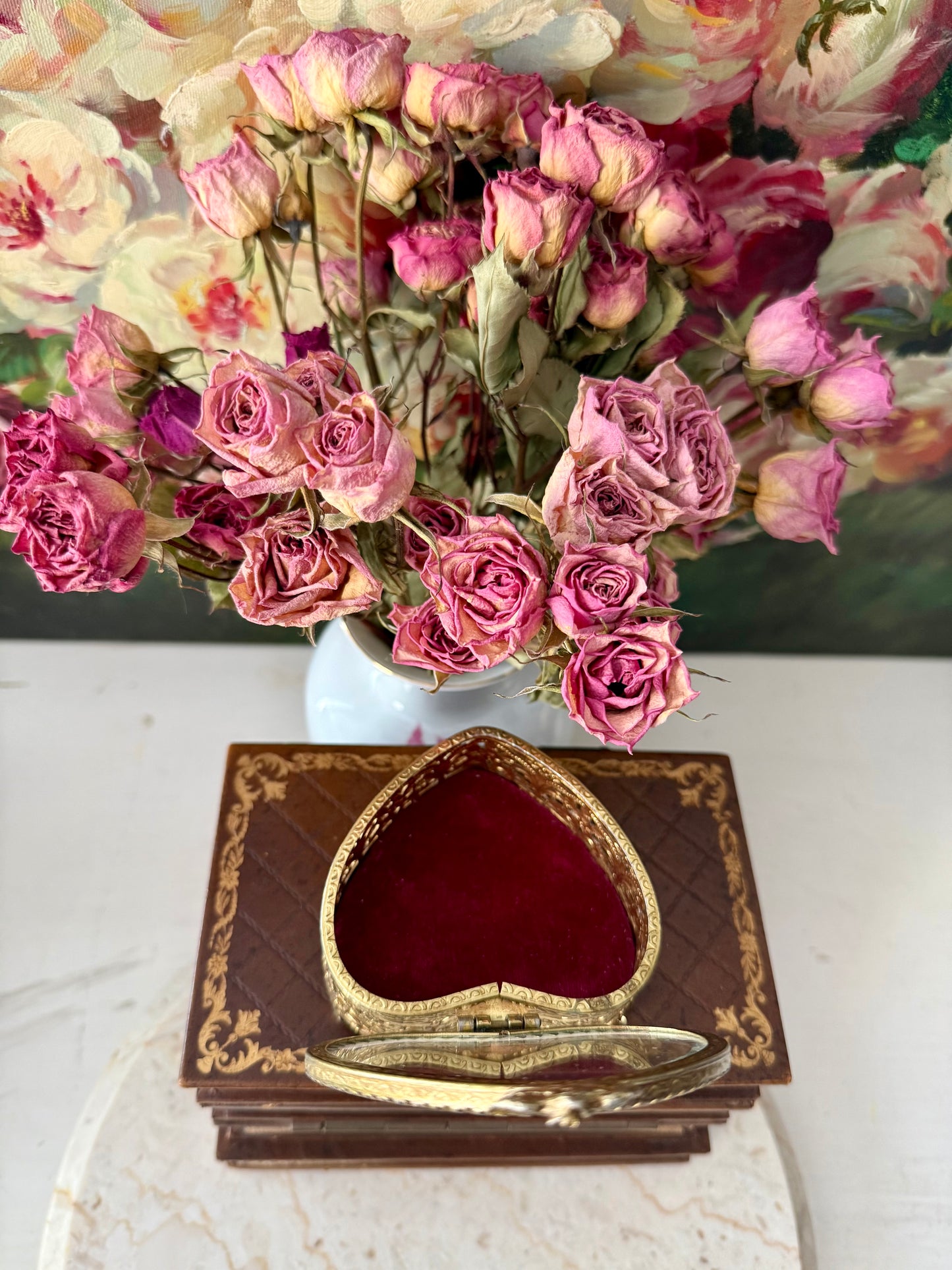 Antique French Style Gold-plated Ormolu Filigree Heart-shaped Trinket or Jewelry Box with a Plush Red Velvet Lining