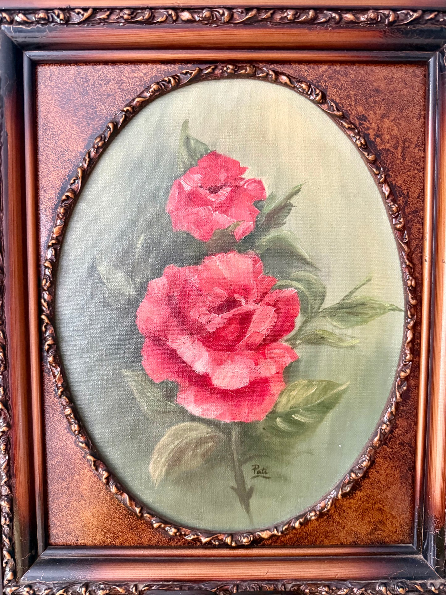 Vintage Oil Painting Red Roses on Canvas in Wooden Frame Signed by the Artist
