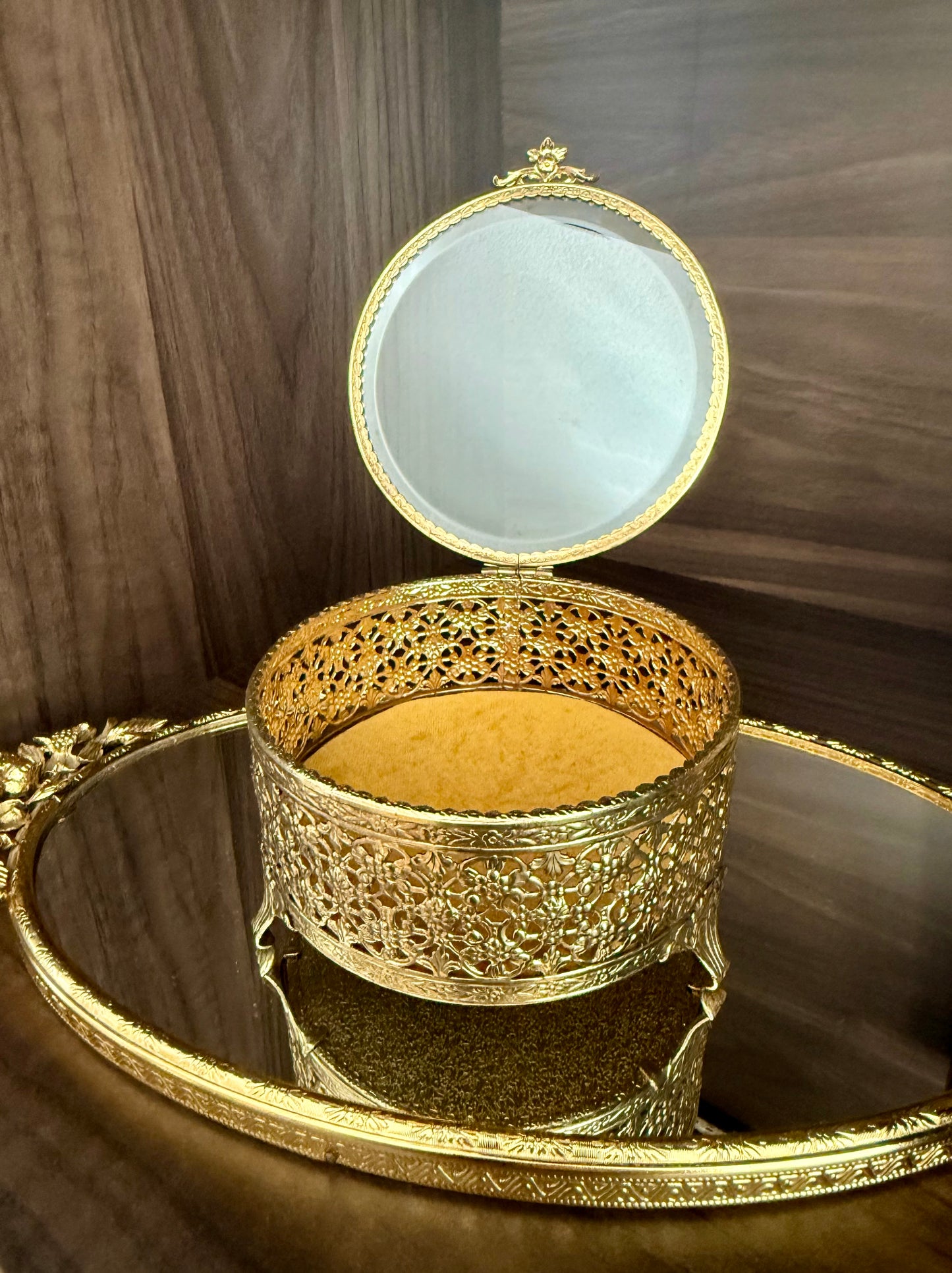 Hollywood Regency Style Vintage Round Gold Filigree Ormolu Glass Top Jewelry/ Trinket Box Footed