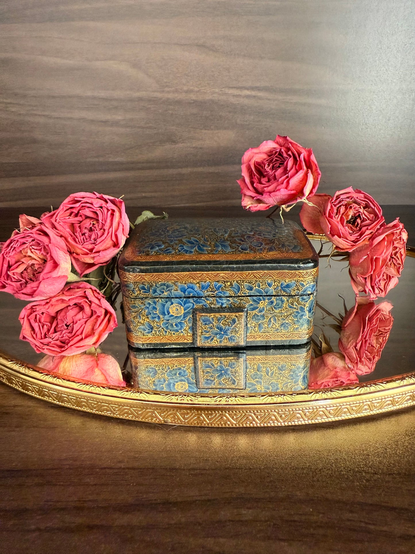 Beautiful Vintage Blue and Gold Hand-Painted Wooden Kashmir Papier-Maché Ring Holder or Jewelry Box