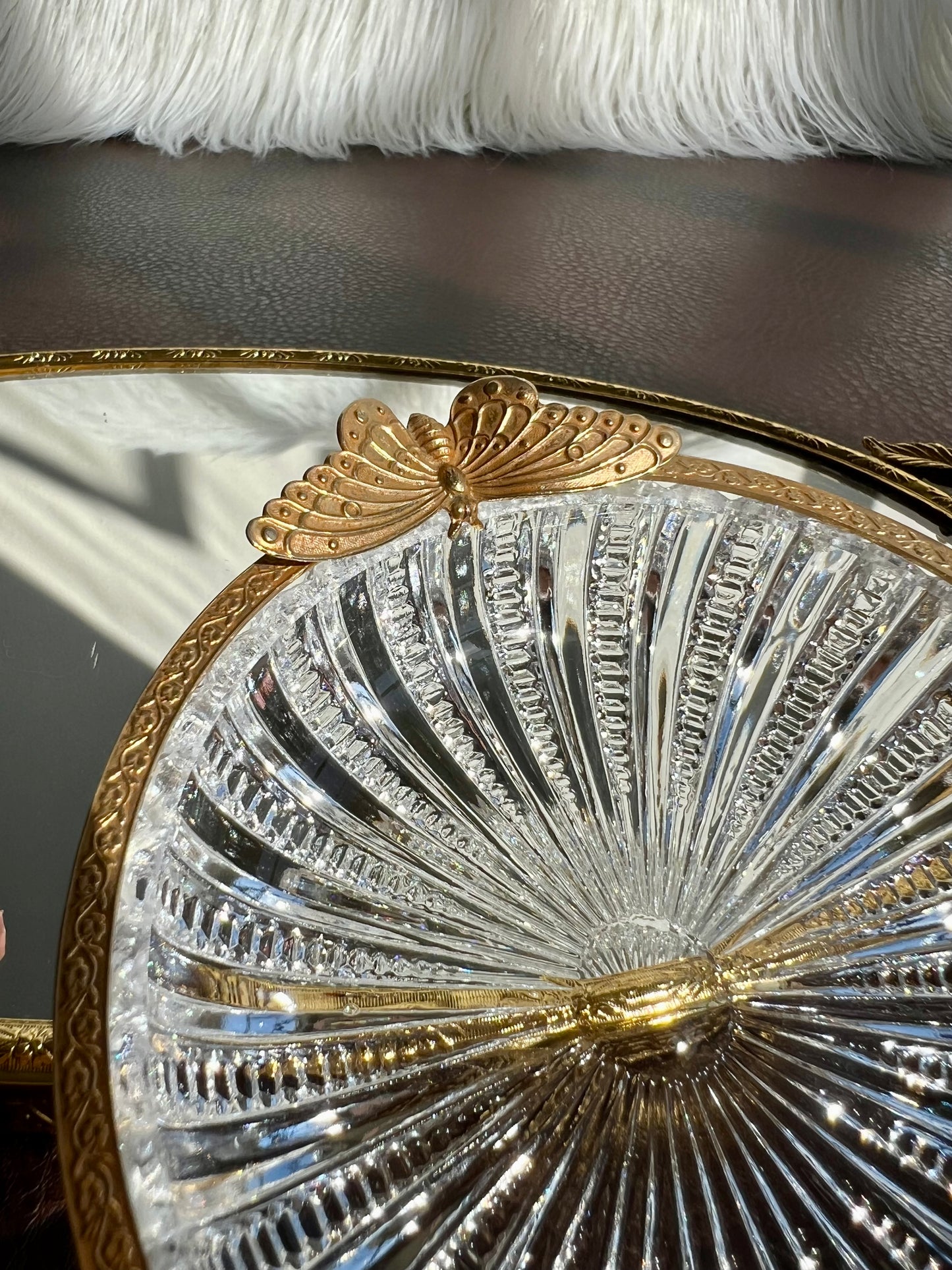 French Cut Crystal Glass Vintage Trinket Dish with Gilt Rim and Butterfly