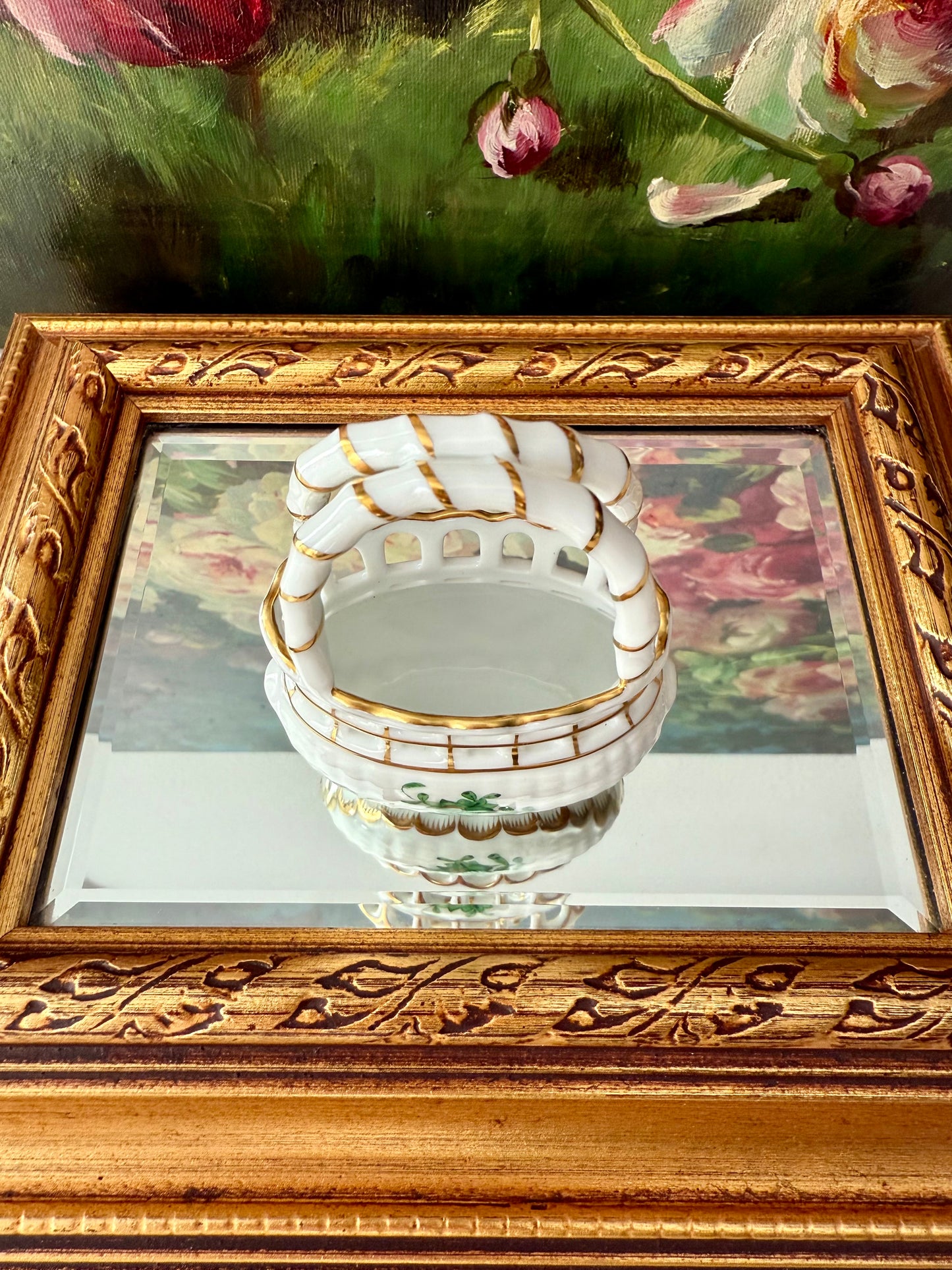 Herend Hungarian Vintage Mini Porcelain Basket with Handle - Made in Hungary