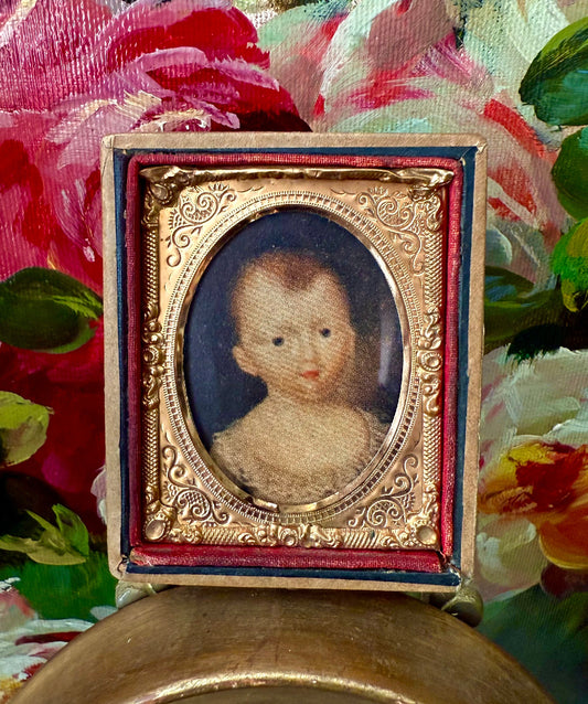 Vintage/ Antique Miniature Golden Wooden Frame with Print Portrait of a Baby