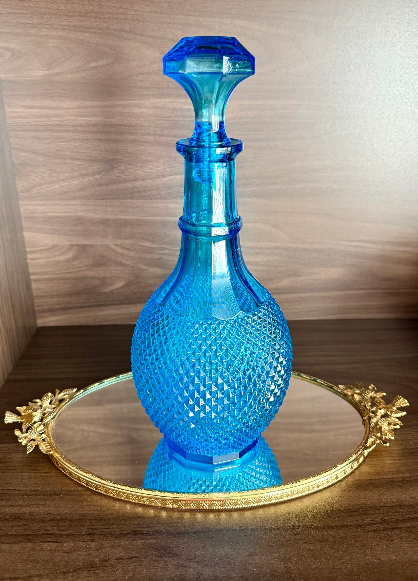 Mid-Century Italian Vintage Empoli-Style Blue Diamond Cut Glass Decanter Bottle