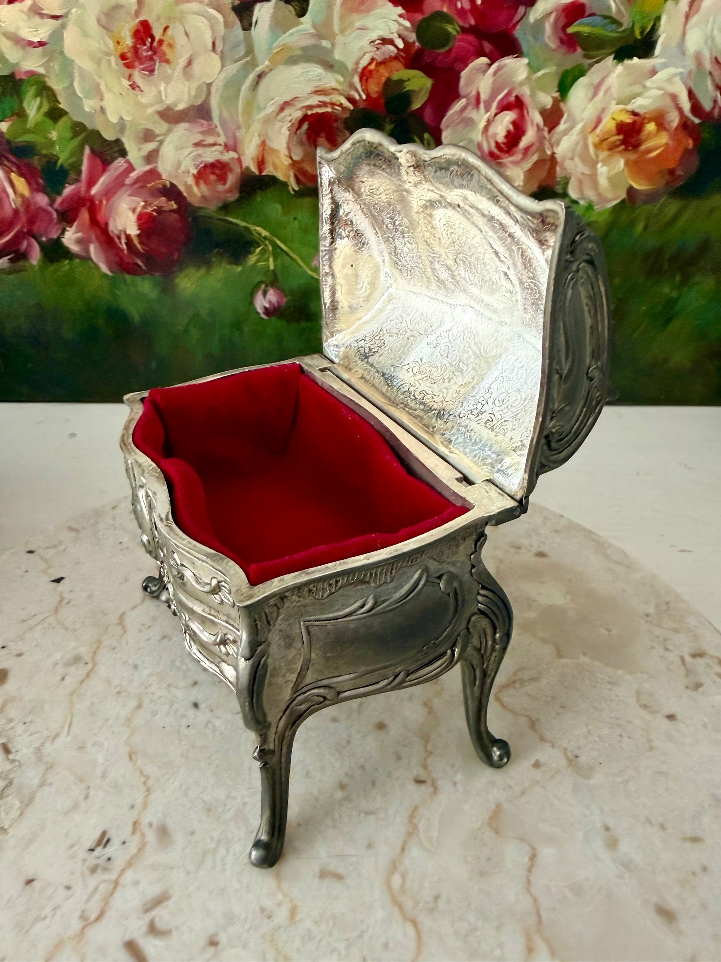 Antique Art Nouveau French Style Silver Plated Jewelry Casket Velvet Lined Romantic Trinket Box