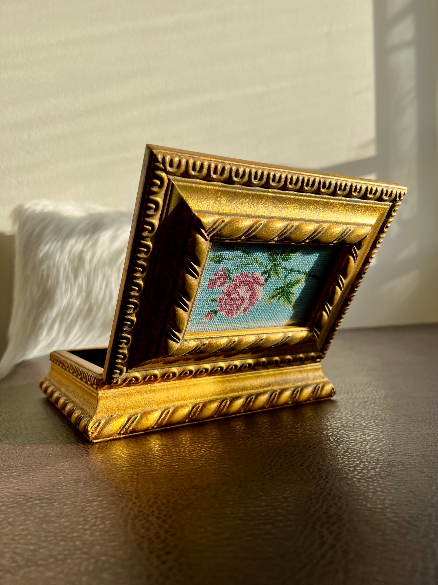 Florentine Style Vintage Gilded Wooden Jewelry Box with Tapestry Flower Decoration on Top Lid, Black Plush Lining Inside