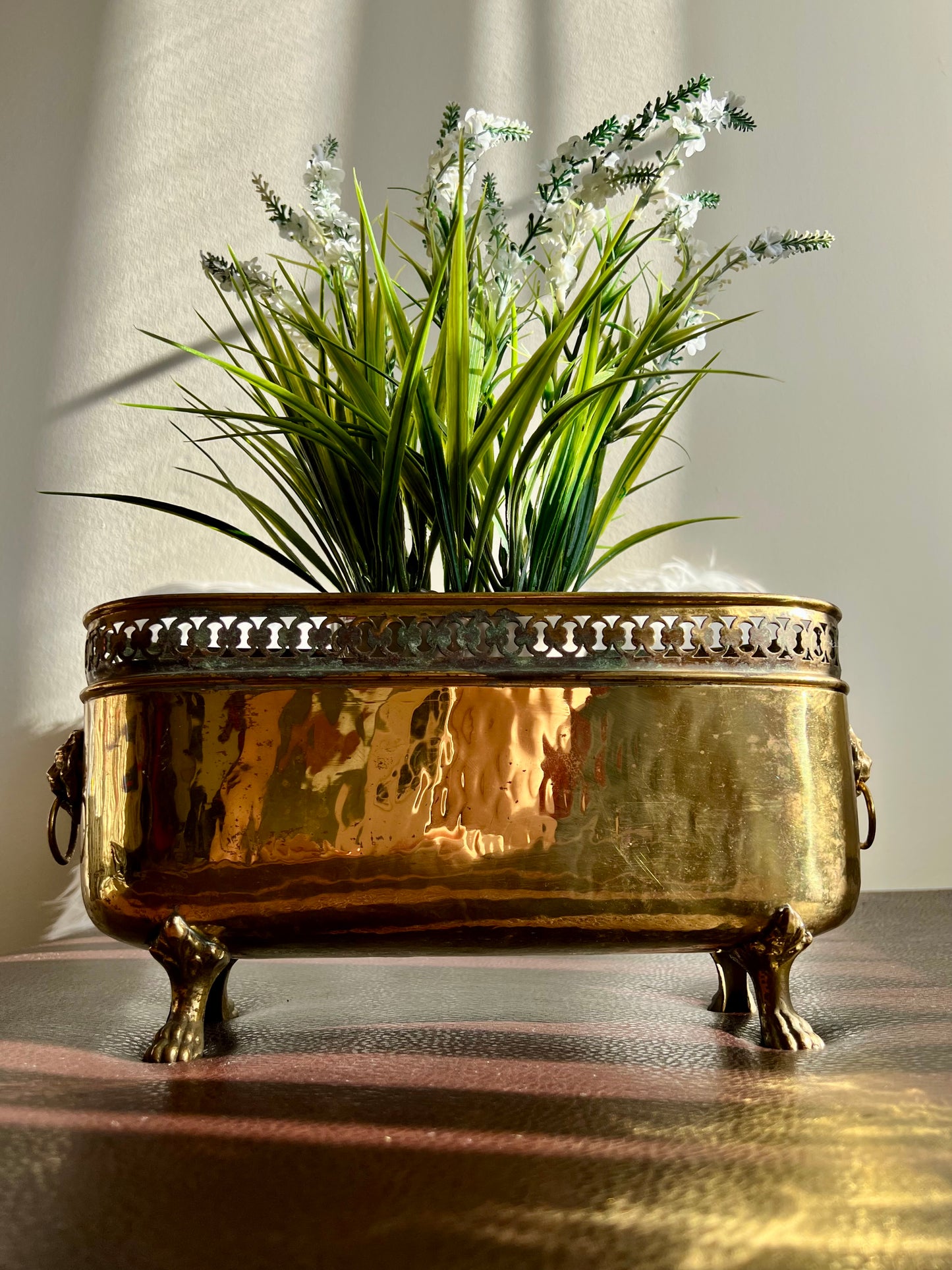 Antique/ Vintage Brass Planter Jardinière Ornate with Four Lion Paws Footed and Two Lion Heads with Rings