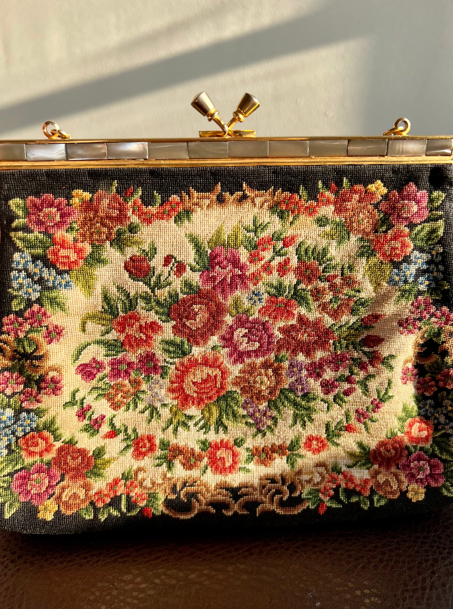 Tapestry Vintage Handbag/ Purse with Floral Rose Decoration and Mother of Pearl Edge, Burgundy Satin Inside