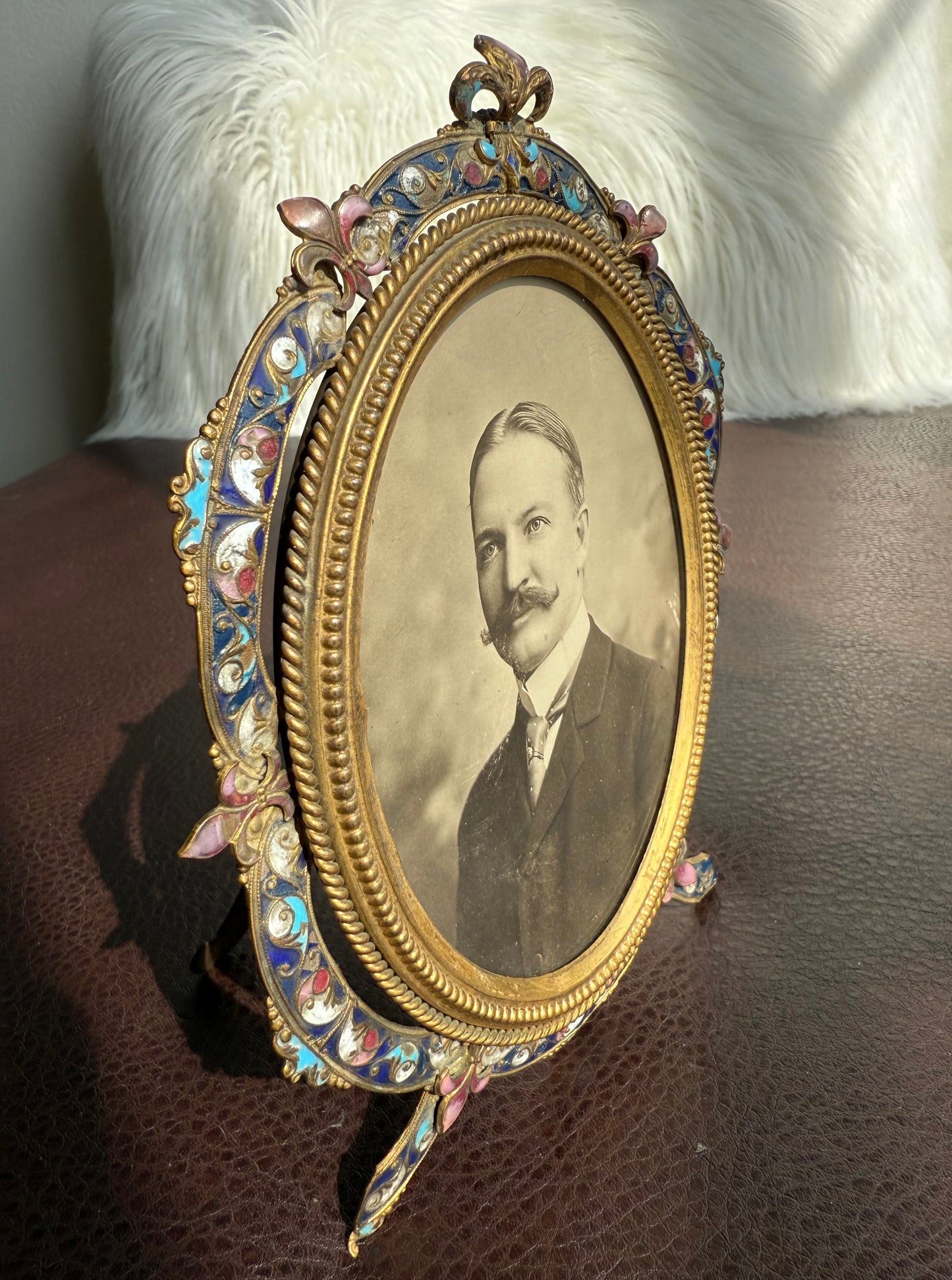 Antique French Style Colorful Enamel Bronze Photo Frame with Black and White Picture of a Gentleman from 19th Century