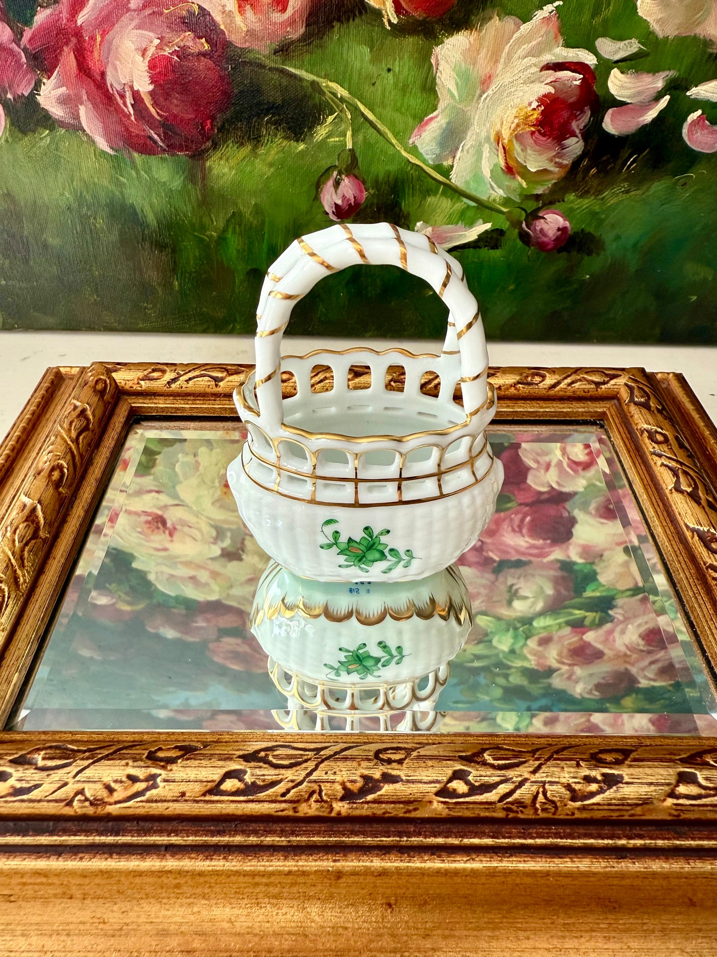 Herend Hungarian Vintage Mini Porcelain Basket with Handle - Made in Hungary