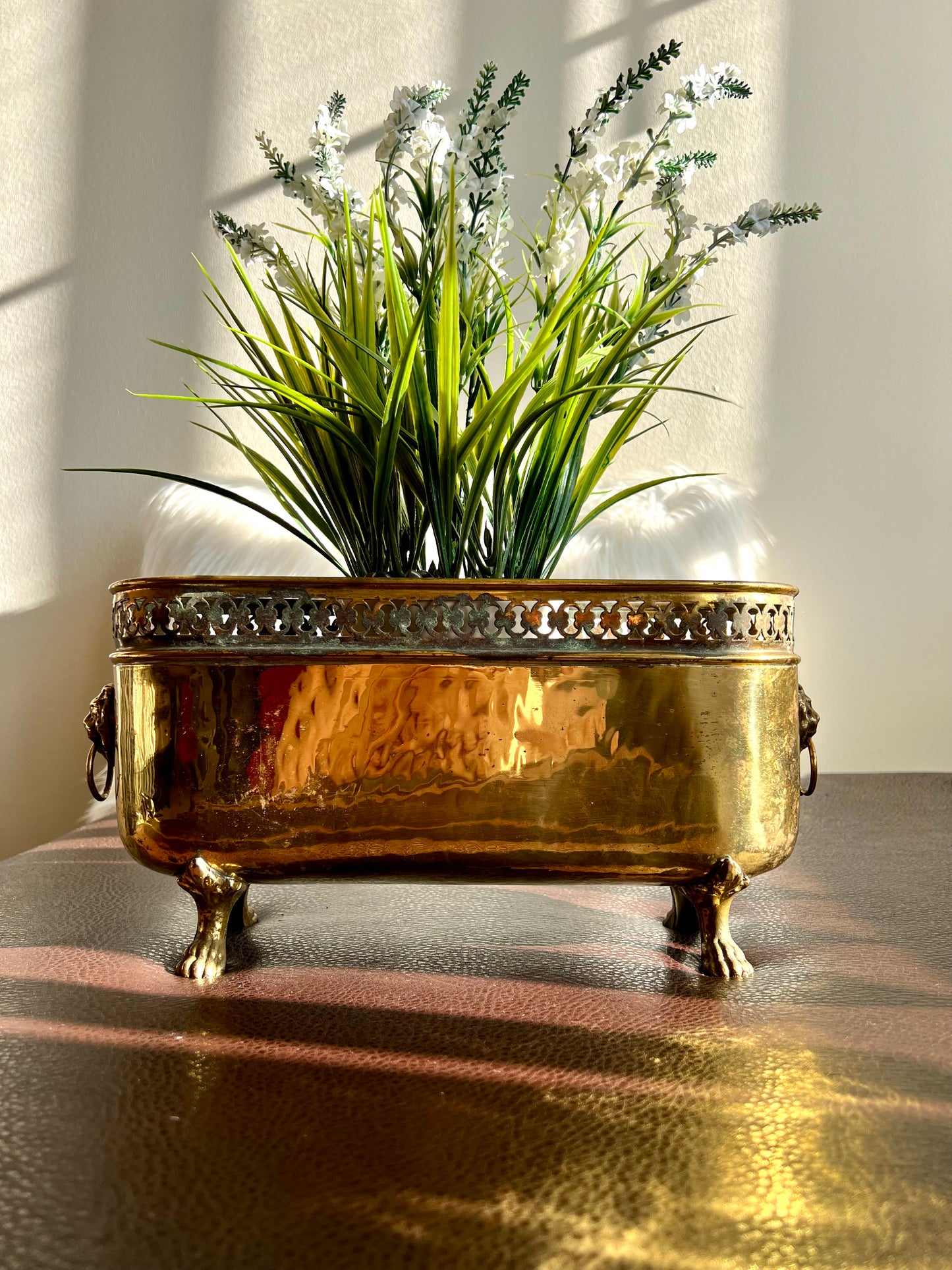 Antique/ Vintage Brass Planter Jardinière Ornate with Four Lion Paws Footed and Two Lion Heads with Rings