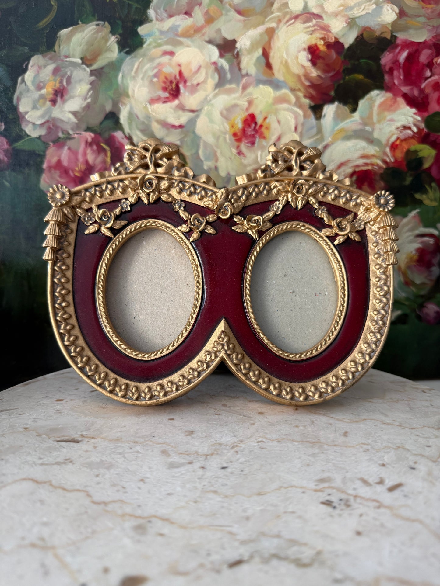 French Baroque Style Vintage Gold And Burgundy Oval Double Photo Frame (NOT Brass)