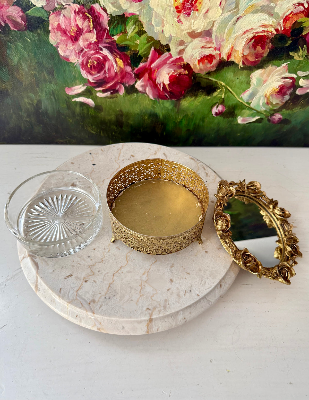 1960s Hollywood Regency Vintage 24K Gold-plated Ormolu Filigree with Mirrored Glass and Rose Motifs Trinket Box or Powder Jar