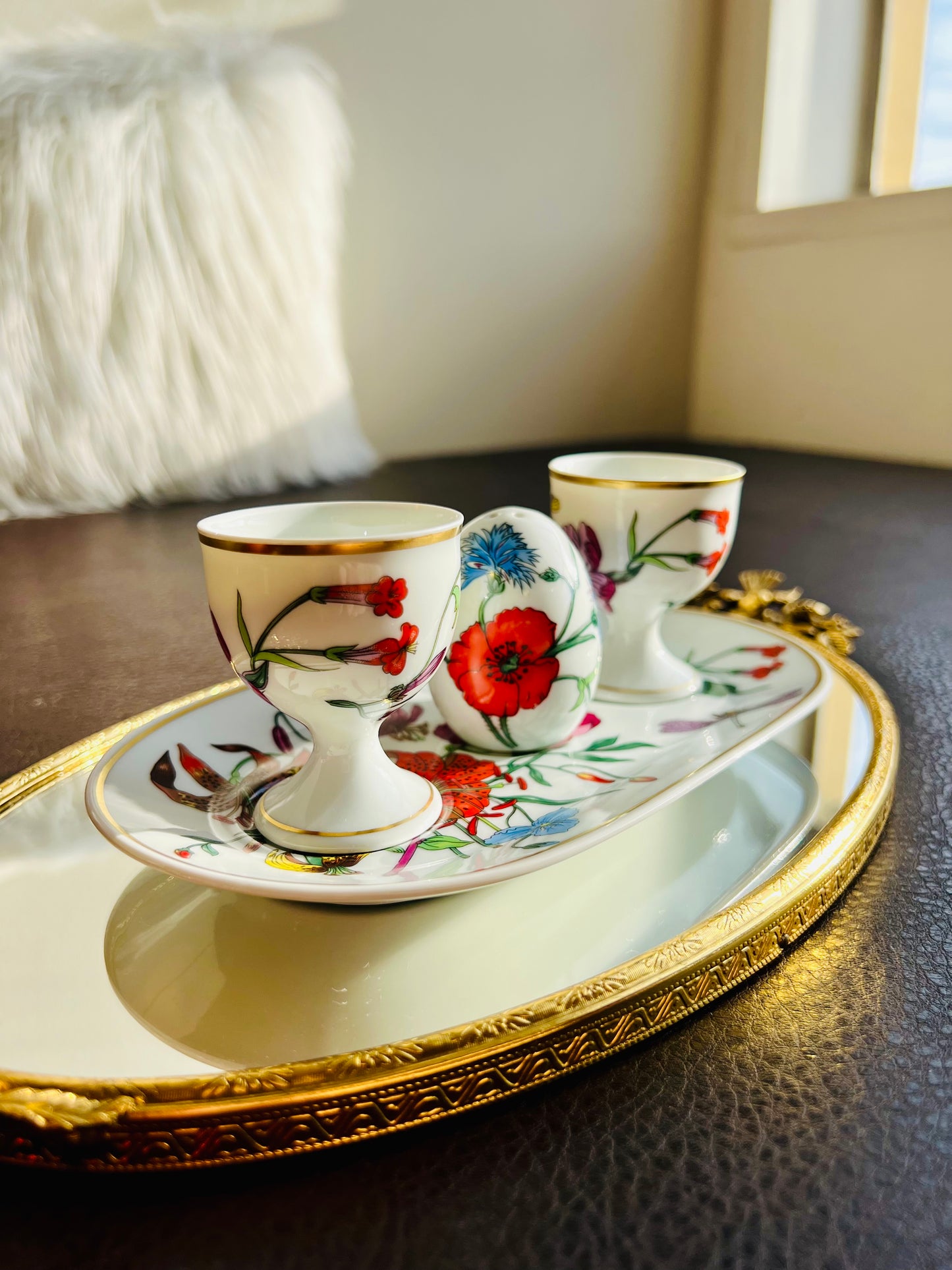 1980s Gucci Bernardaud Limoges Floral & Butterfly Print Porcelain Egg Cup and Salt Shaker Set, Made in France