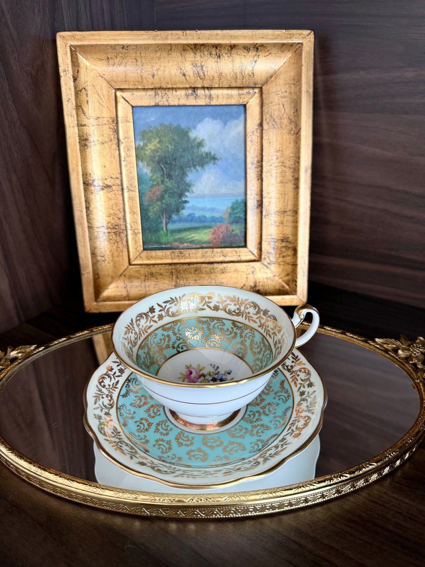 1950s Paragon Fine Bone China Vintage Aqua Green, Gold and Floral Porcelain Tea Cup and Saucer Set, Made in England