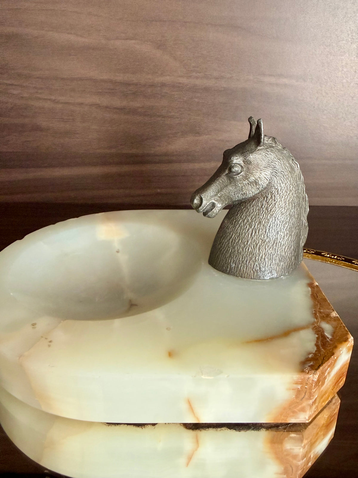 Antique Art Deco Style Bronze Horse Head Statue on Marbel or Green Onyx Ashtray