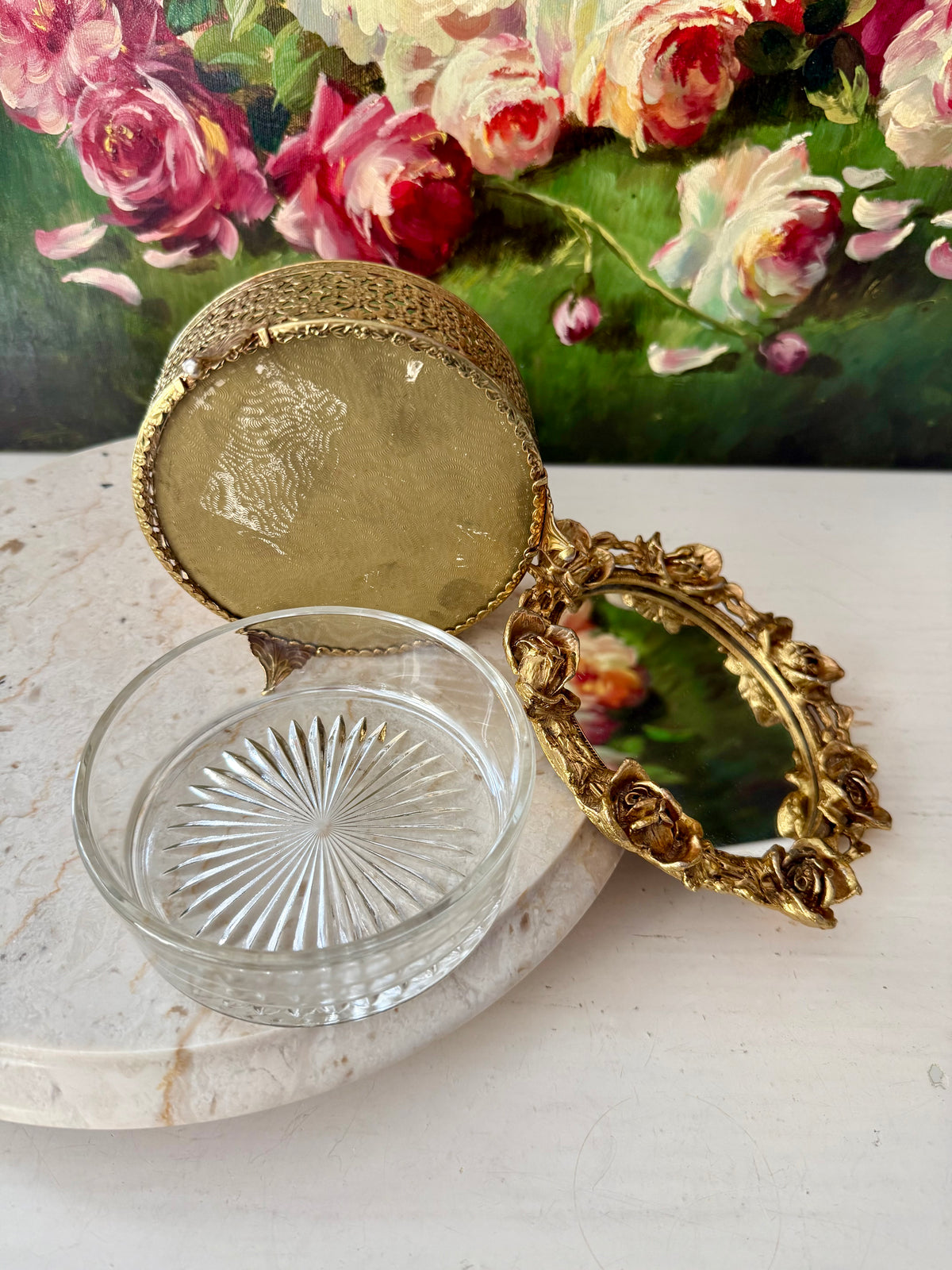 1960s Hollywood Regency Vintage 24K Gold-plated Ormolu Filigree with Mirrored Glass and Rose Motifs Trinket Box or Powder Jar