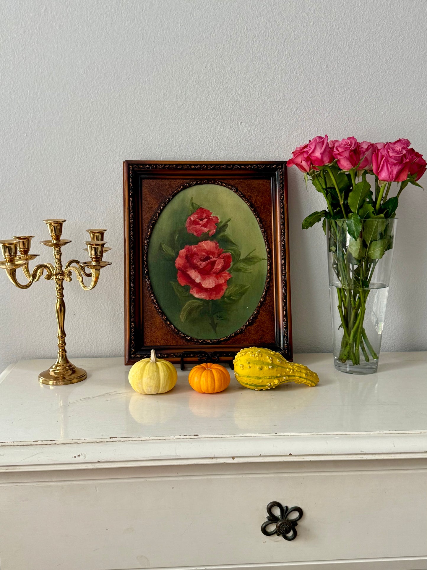 Vintage Oil Painting Red Roses on Canvas in Wooden Frame Signed by the Artist