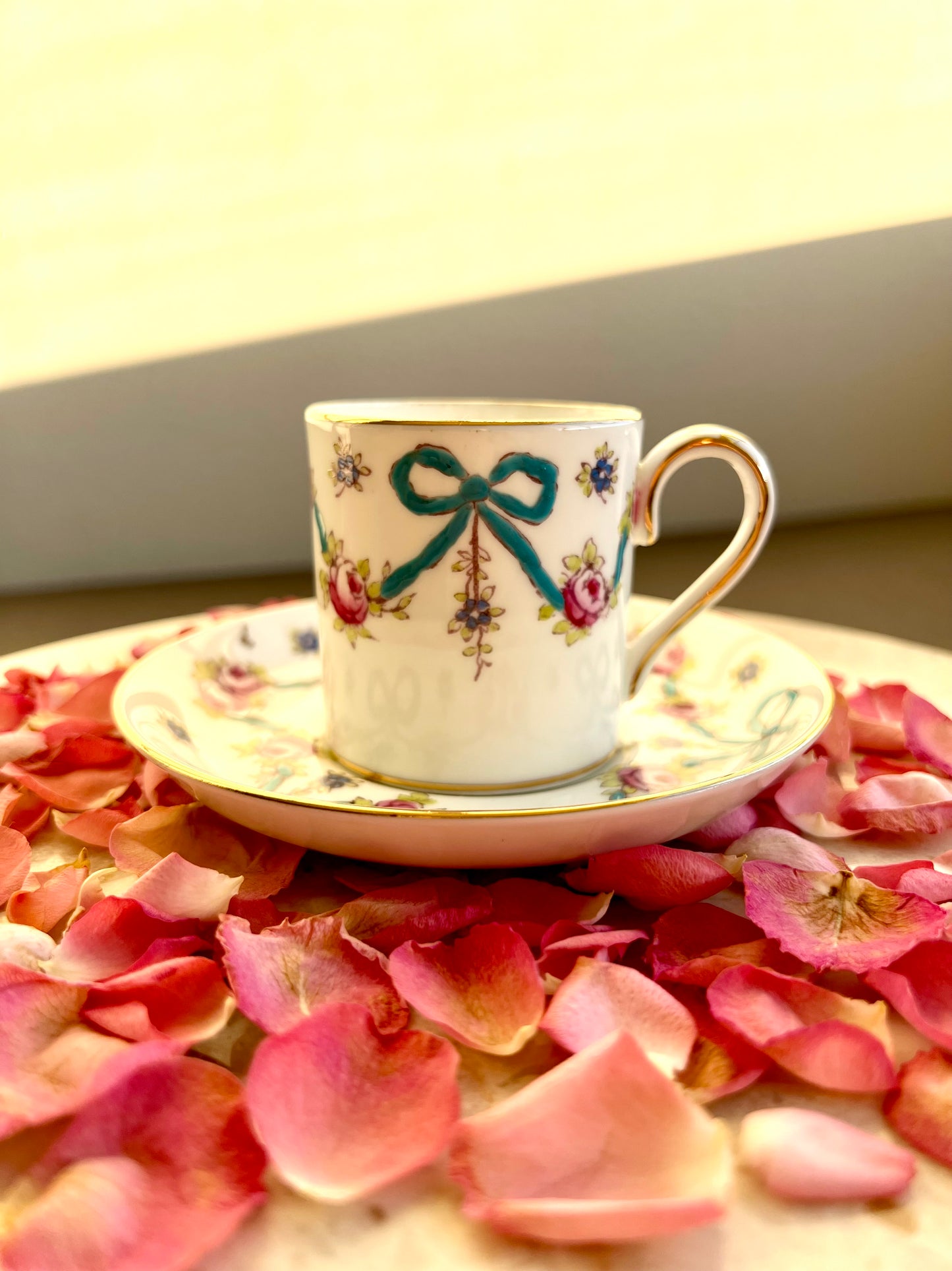 Crown Staffordshire Bright Blue Enameled Ribbon and Looped Bows Pattern Coffee Cup and Saucer from 1940-50's