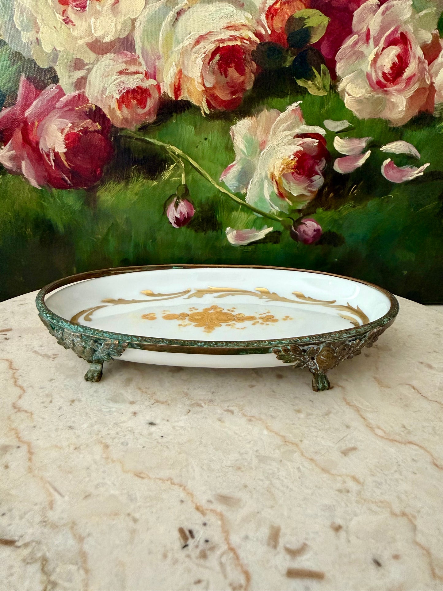 Antique Sévres Style Brass Footed and Hand-painted Oval Porcelain Decorative Soap Dish - Made in France