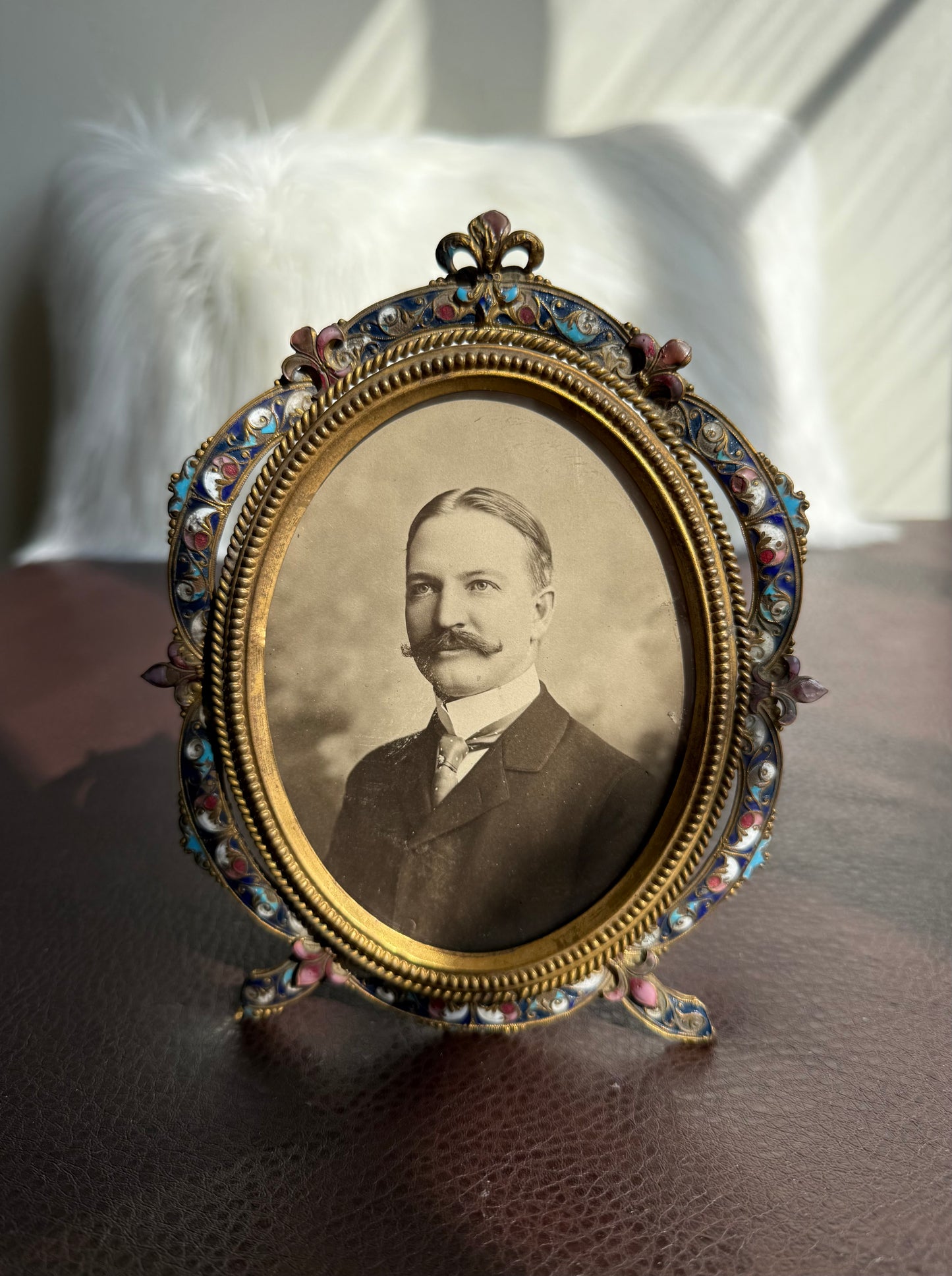 Antique French Style Colorful Enamel Bronze Photo Frame with Black and White Picture of a Gentleman from 19th Century