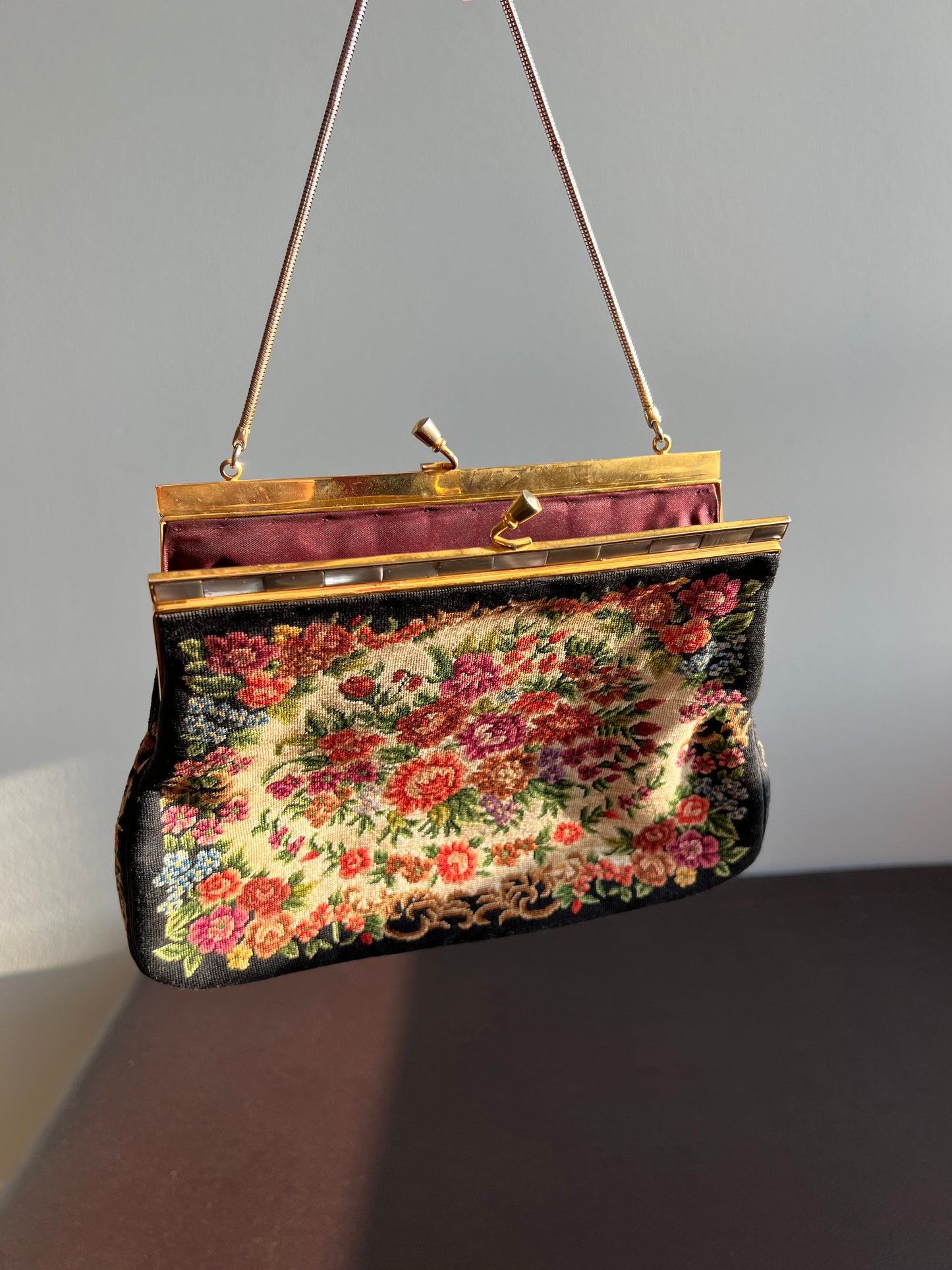 Tapestry Vintage Handbag/ Purse with Floral Rose Decoration and Mother of Pearl Edge, Burgundy Satin Inside