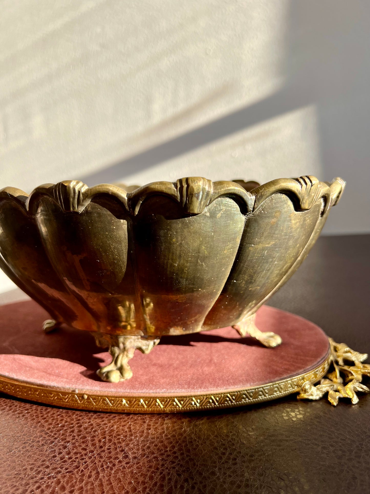 Art Deco Style Vintage Oval Heavy Footed Ornate Brass Scalloped Shaped Medium Size Fruit Bowl