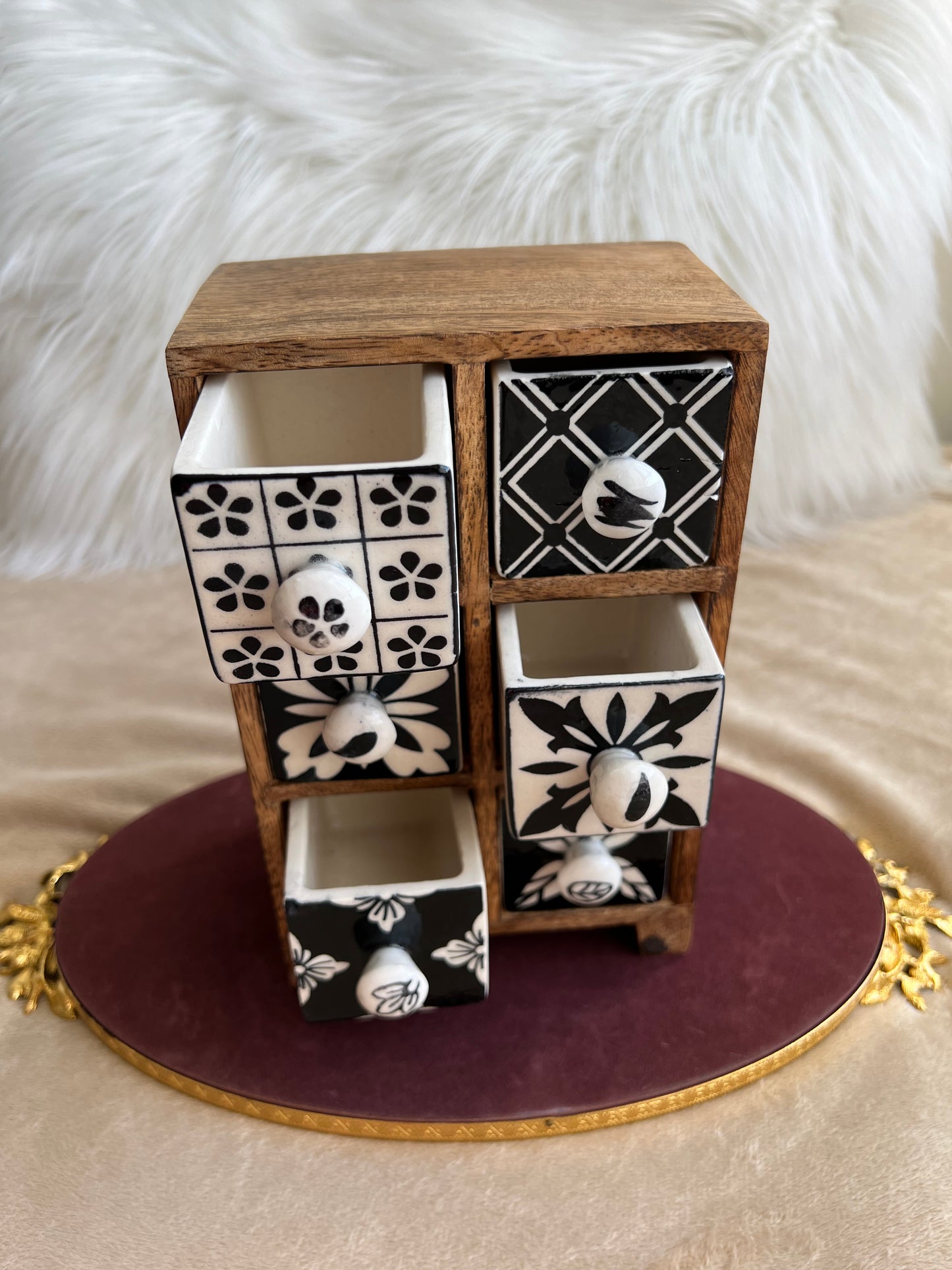 Hand Painted Wooden Chest with Ceramic Drawers and Jewelry Storage