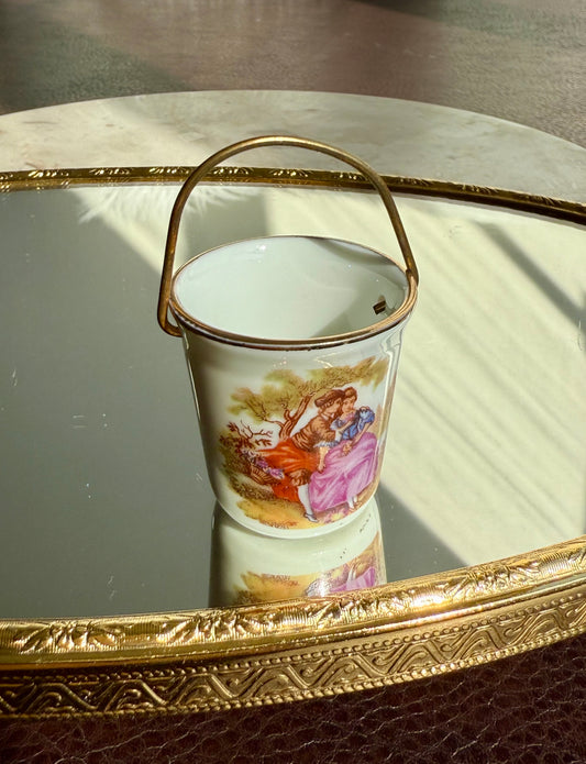 Limoges Miniature Vintage Porcelain Bucket/ Pail with Handle, Decorated with a Courting Couple, Made in France