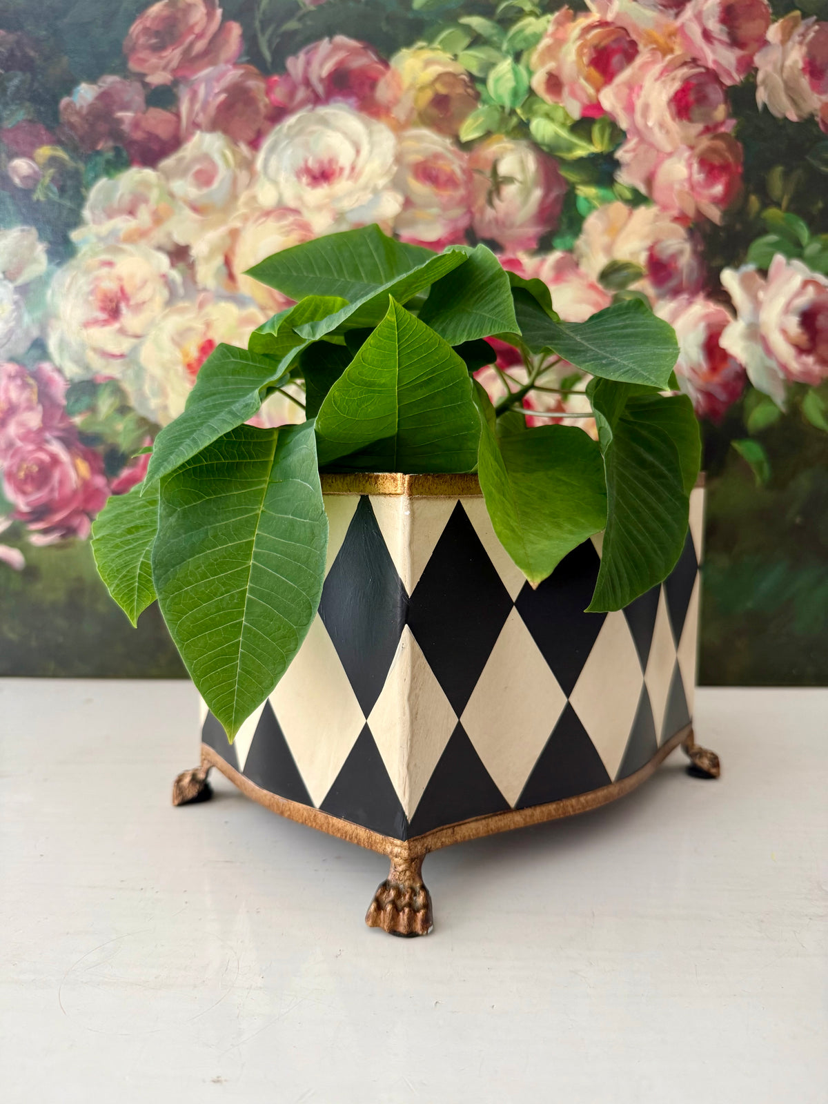 Vintage Hand-painted Metal Flower Pot/Planter with a Harlequin Pattern and Claw Feet