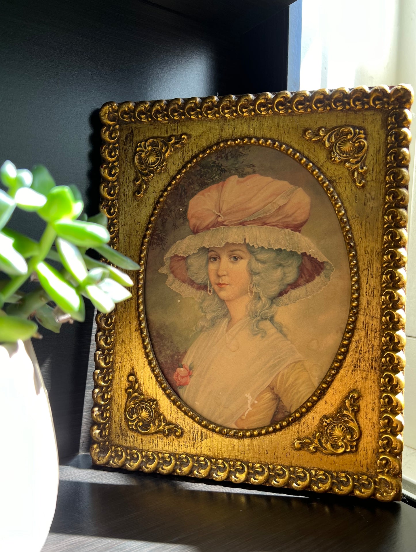 Vintage Gilded Wooden Framed Art, French Paper Portrait of a Victorian Lady with Hat