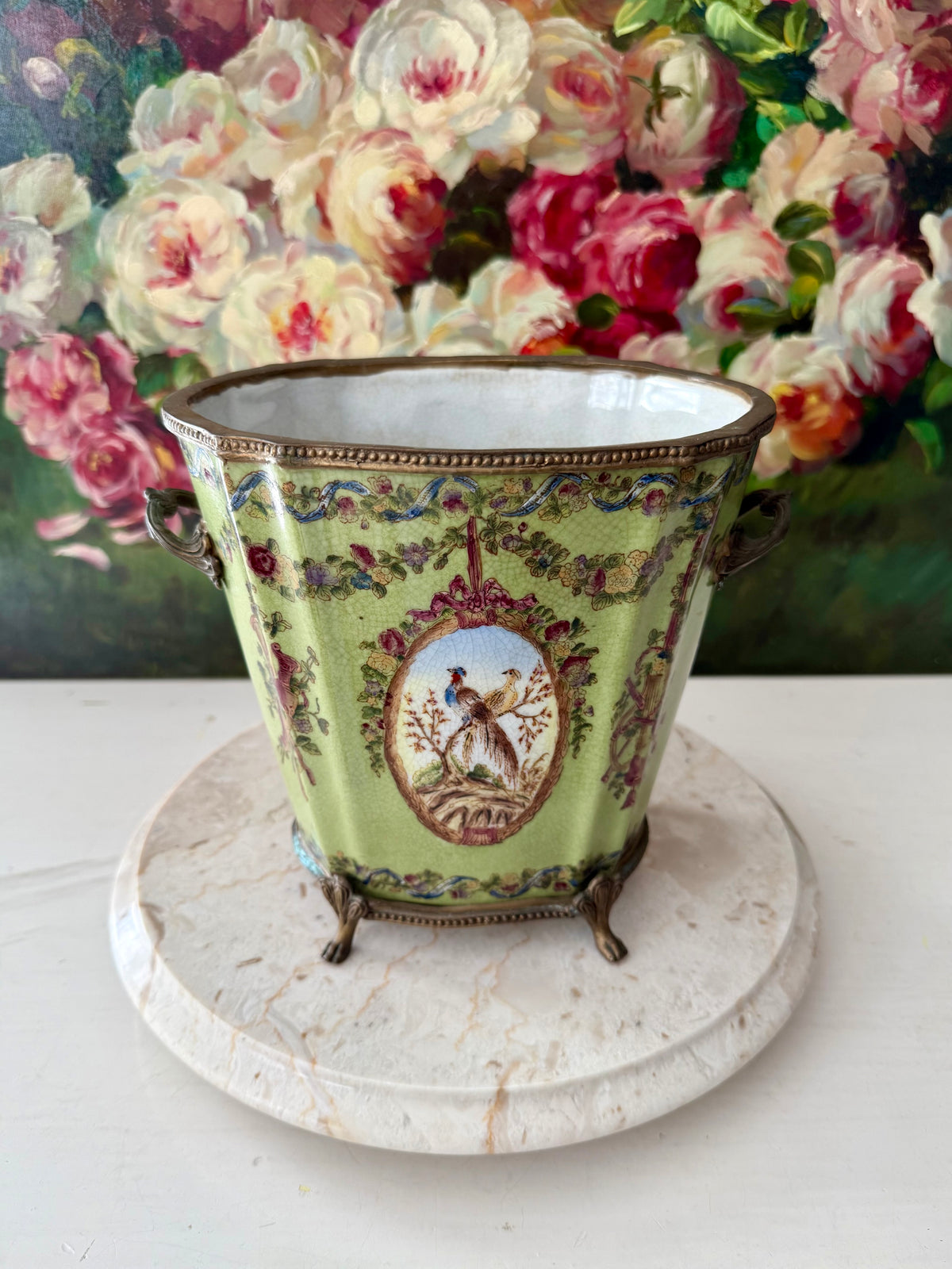 Antique Green Pheasant Bird and Floral Garland Porcelain Brass Footed Cache Pot or Jardiniere