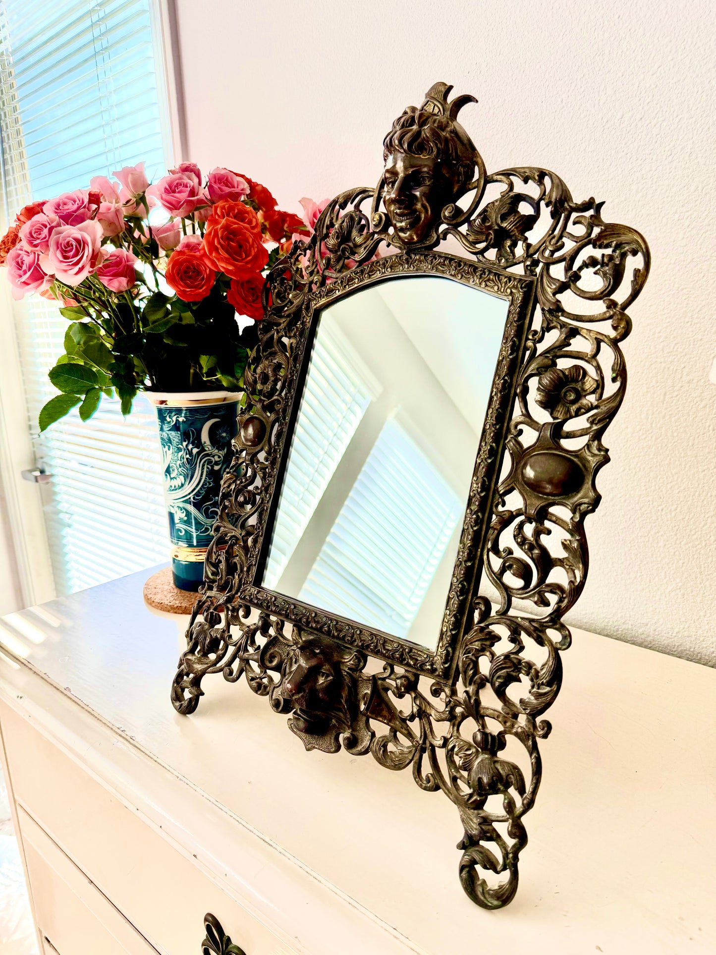 Antique Gilded Cast Iron Cherub and Lion Heads, Victorian French Style Ornate Vanity Table Mirror from Late 19th Century