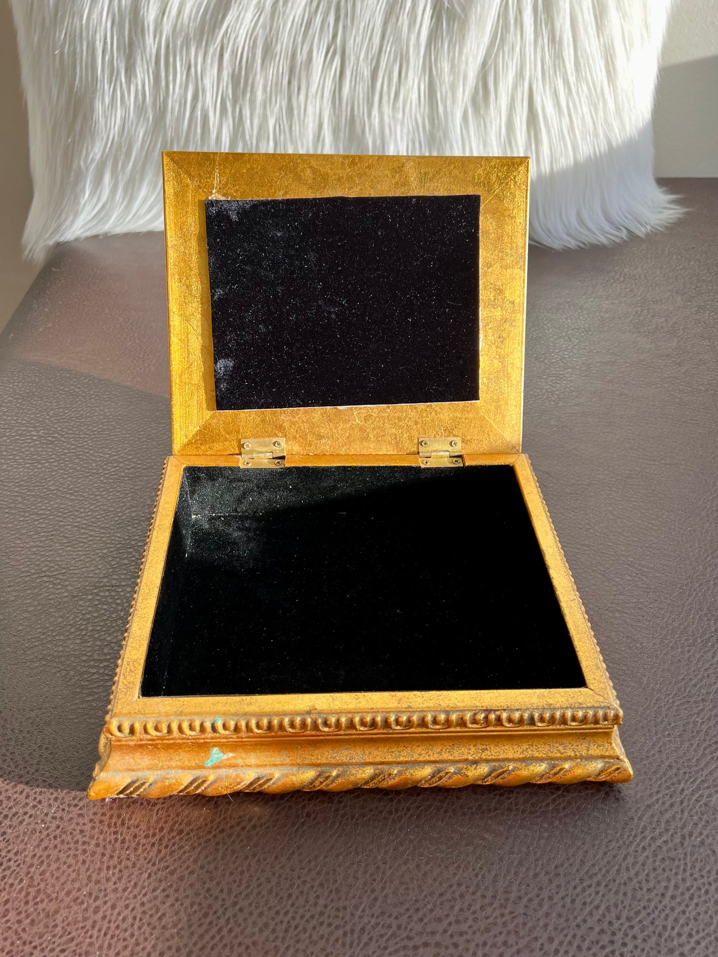 Florentine Style Vintage Gilded Wooden Jewelry Box with Tapestry Flower Decoration on Top Lid, Black Plush Lining Inside