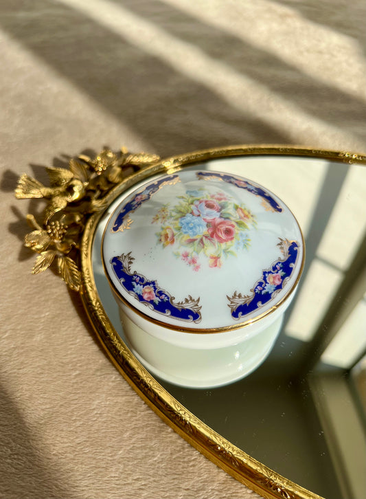 Limoges Jewelry, Vintage Trinket Box Gold, Blue, Floral Porcelain