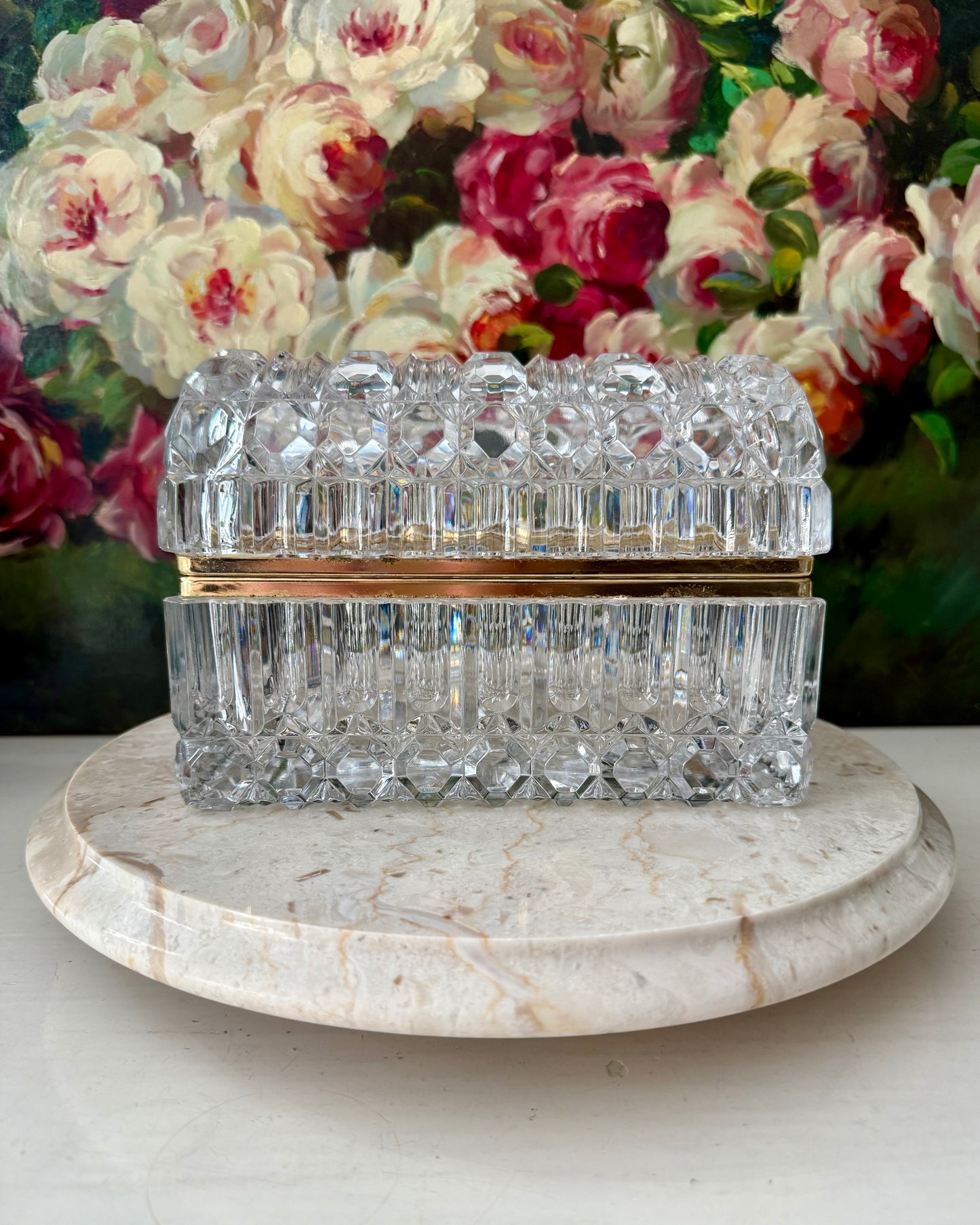 1960s Baccarat Style Heavy Cut Crystal Large Lidded Vintage Jewelry or Trinket Box/ Casket with Brass Frame