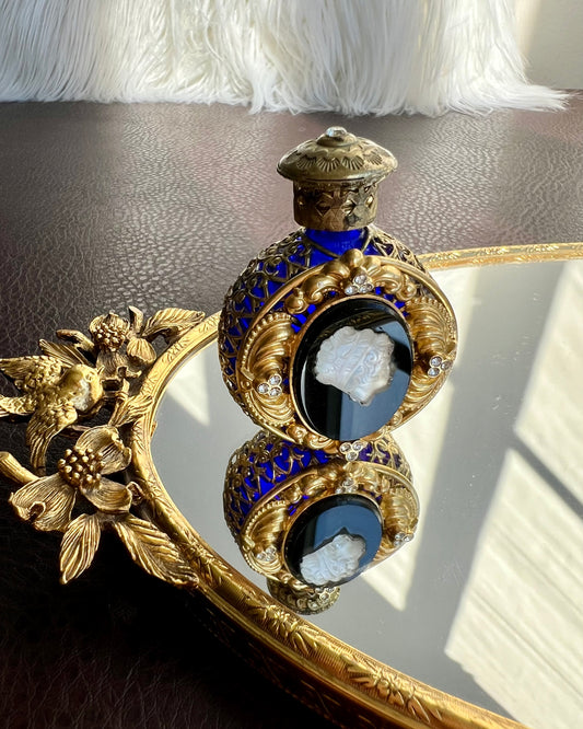 Czech Vintage Small Blue Glass Perfume Bottle with Brass Filigree Overlay Rhinestones and Black Onyx