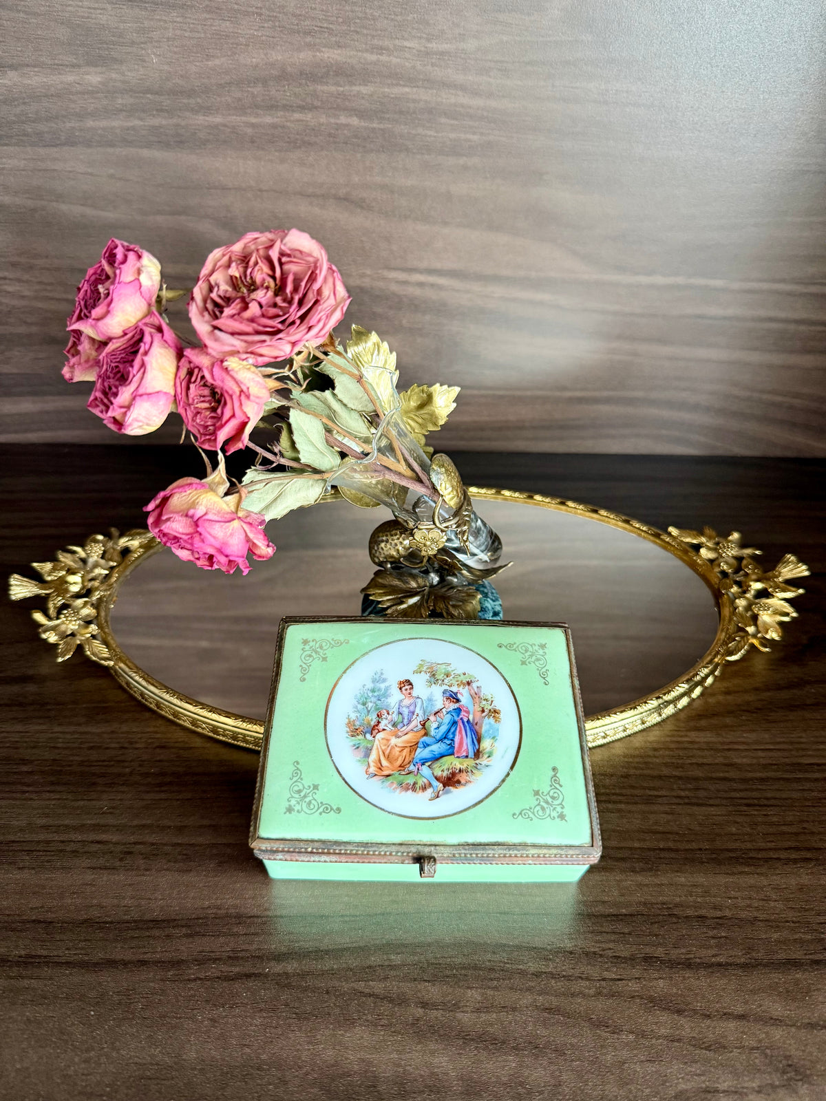 Antique European French Style Green Porcelain Jewelry or Trinket Hinged Box