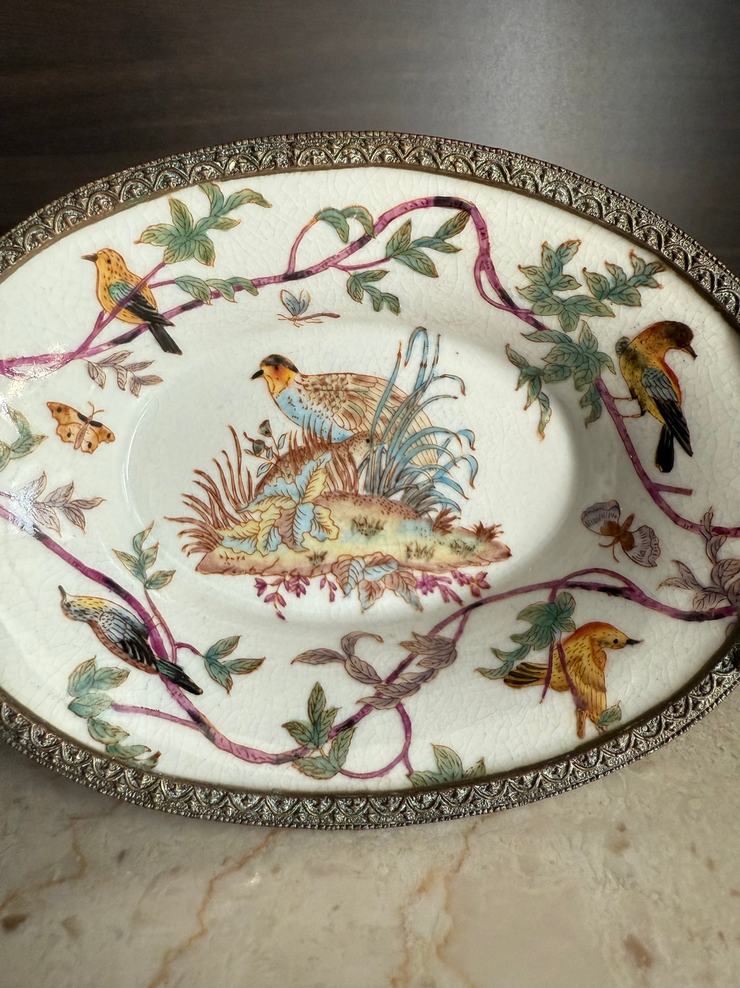 Beautiful Vintage Oval Soap Dish with Brass Feet and Handles with Floral and Bird Motif