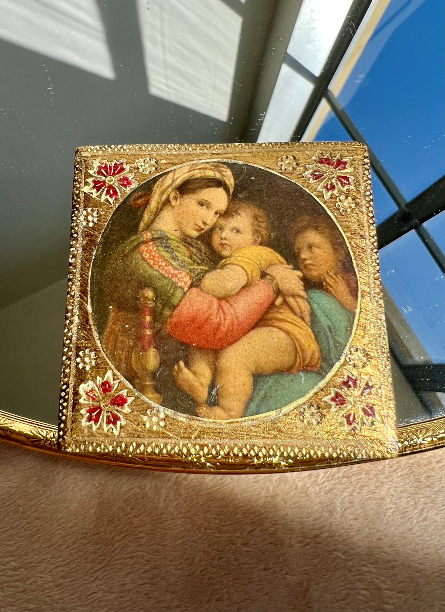 Italian Florentine Vintage Wooden Gold Gilded Box on the Top Madonna and child with St.John By Raphael