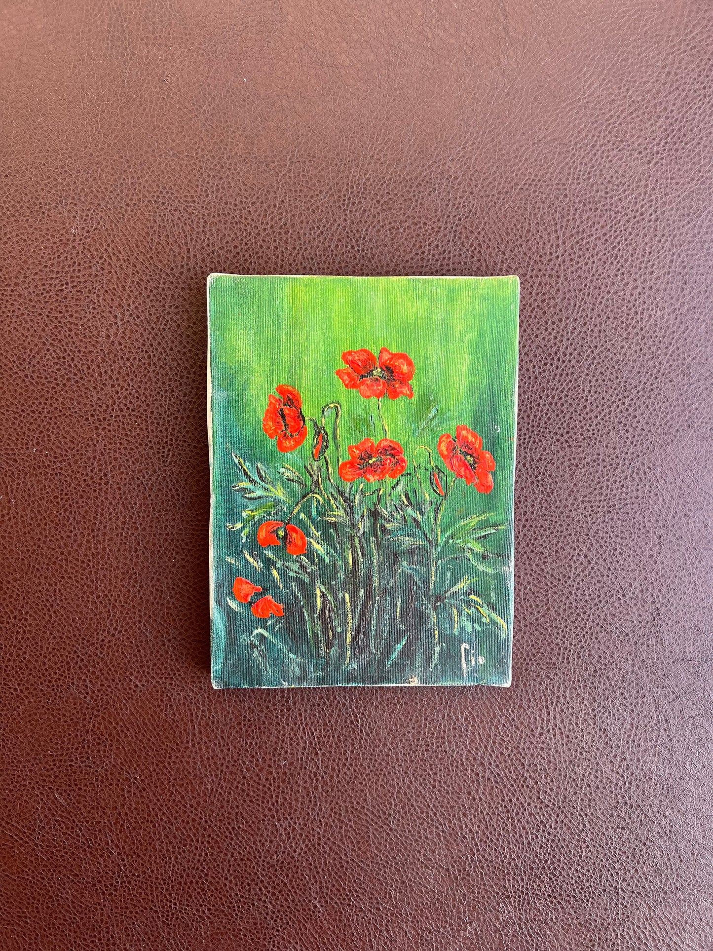 Colorful Field of Poppies Vintage Original Oil Painting on Canvas without Frame, Signed by Artist