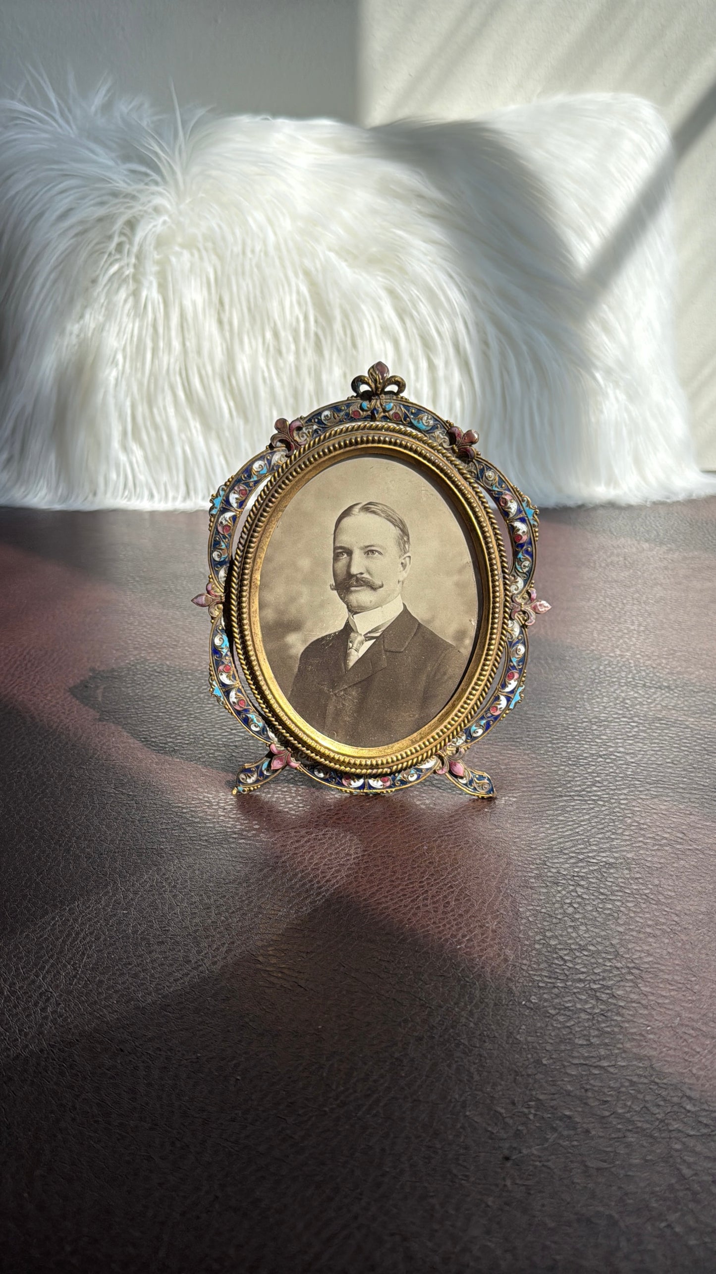 Antique French Style Colorful Enamel Bronze Photo Frame with Black and White Picture of a Gentleman from 19th Century