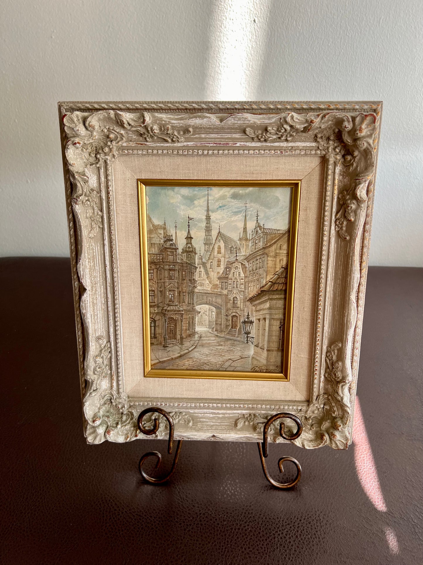 Very Unique “Riga” Old City Original Artwork Vintage Oil Painting with Wooden Framed Signed by G.Sviraunc