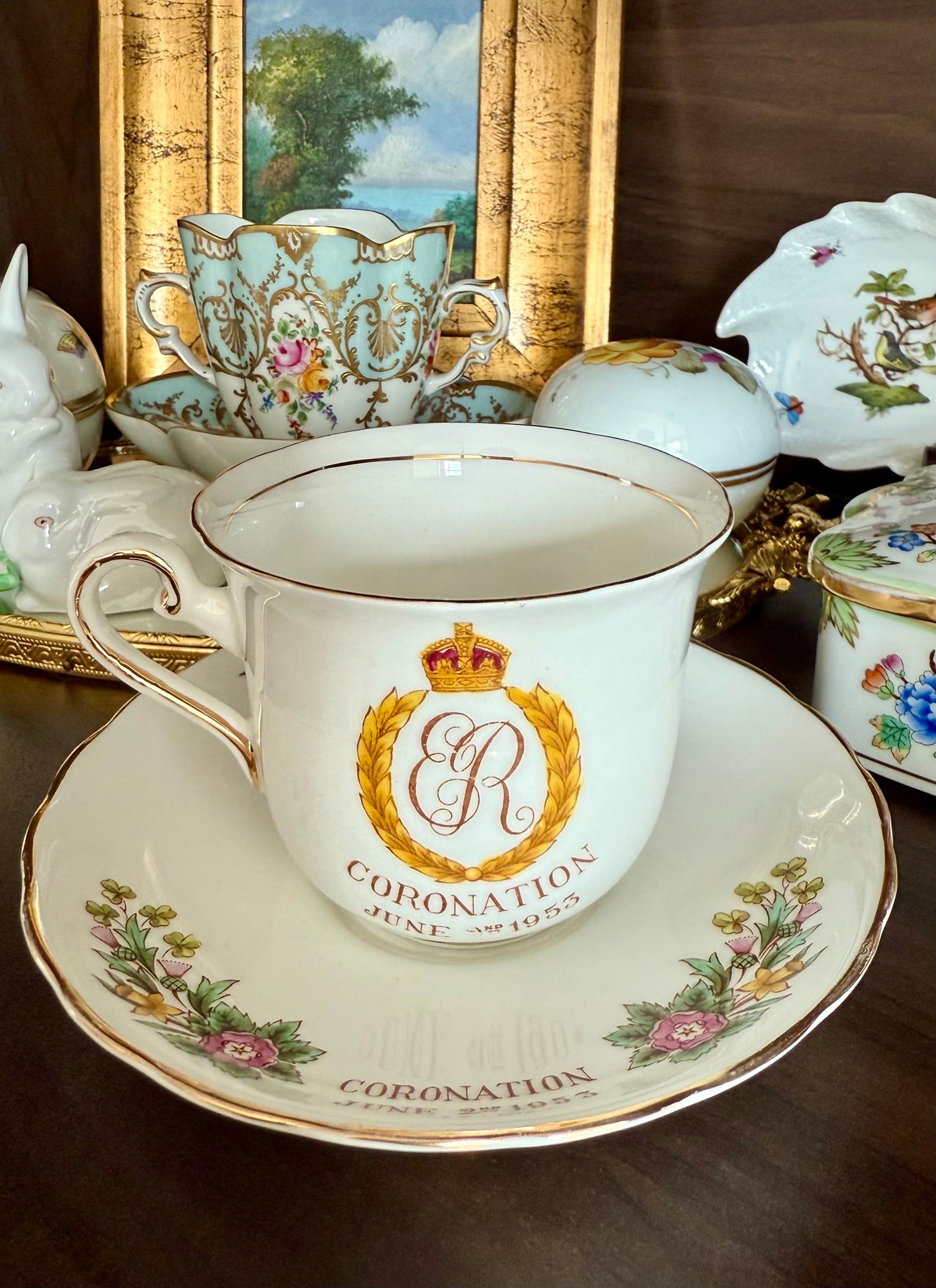 Coronation 1953 H.M. Queen Elizabeth Vintage Tuscan Bone China Roses Tea cup and Saucer, Numbered