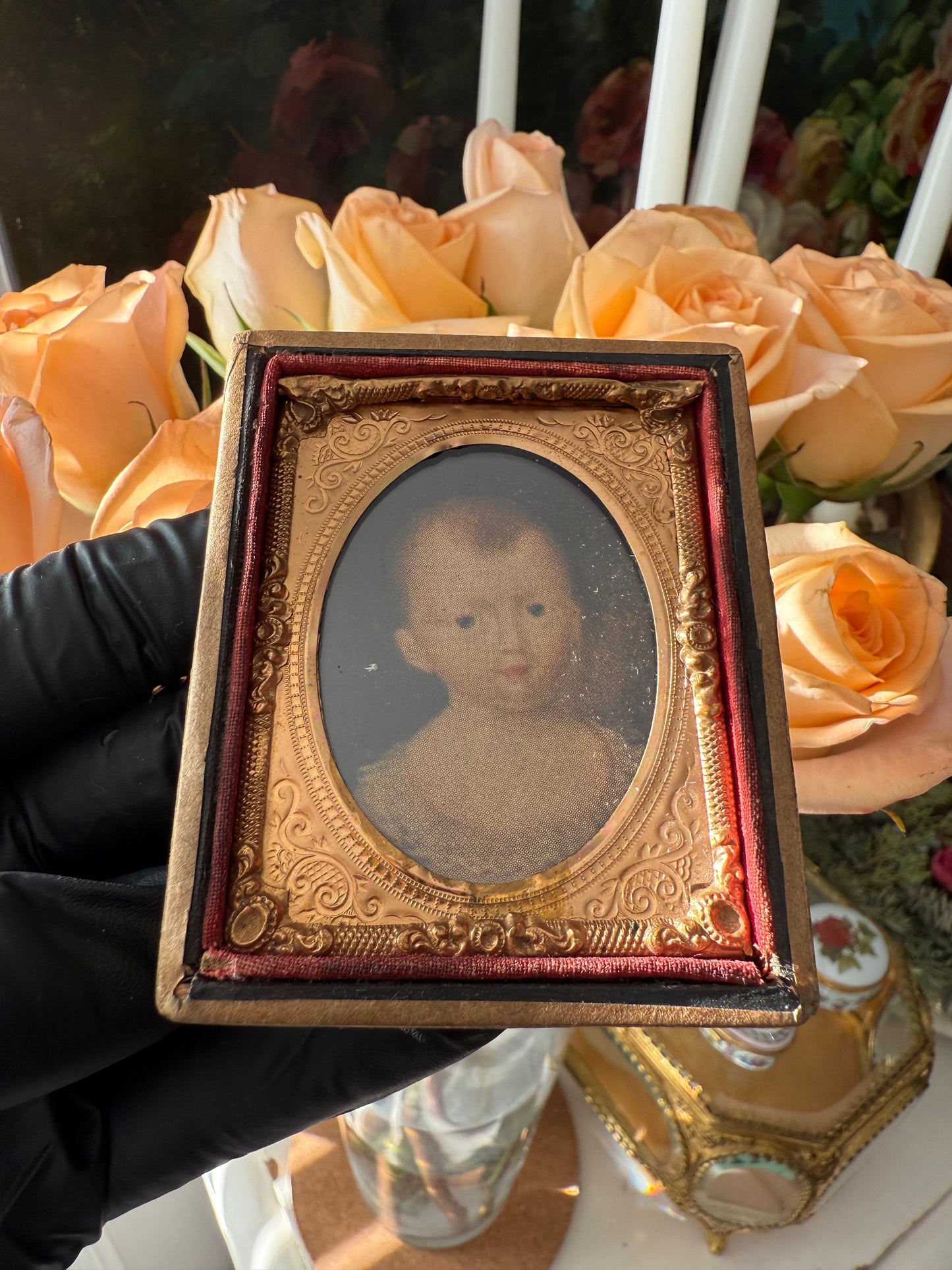 Vintage/ Antique Miniature Golden Wooden Frame with Print Portrait of a Baby