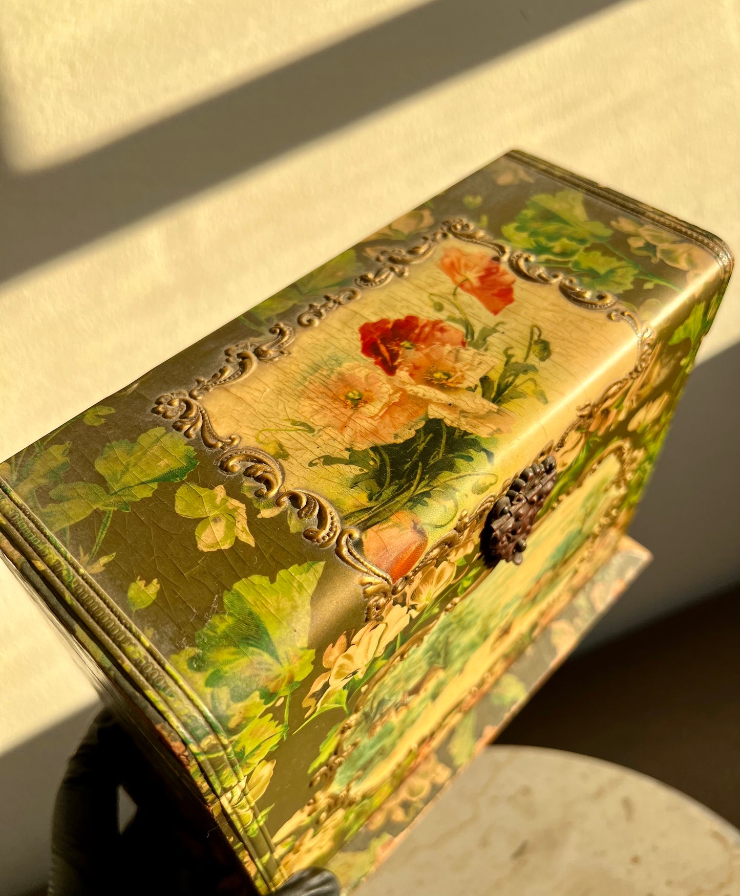 Antique Wooden Decorative Wallpaper Covered Recipe or Trinket Box with Floral Motif and Gilded Painting Design