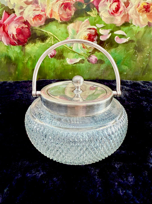 Antique Silver-Plated William Hutton & Sons British Cut Glass Biscuit Jar or Candy Holder with Lid and Handle